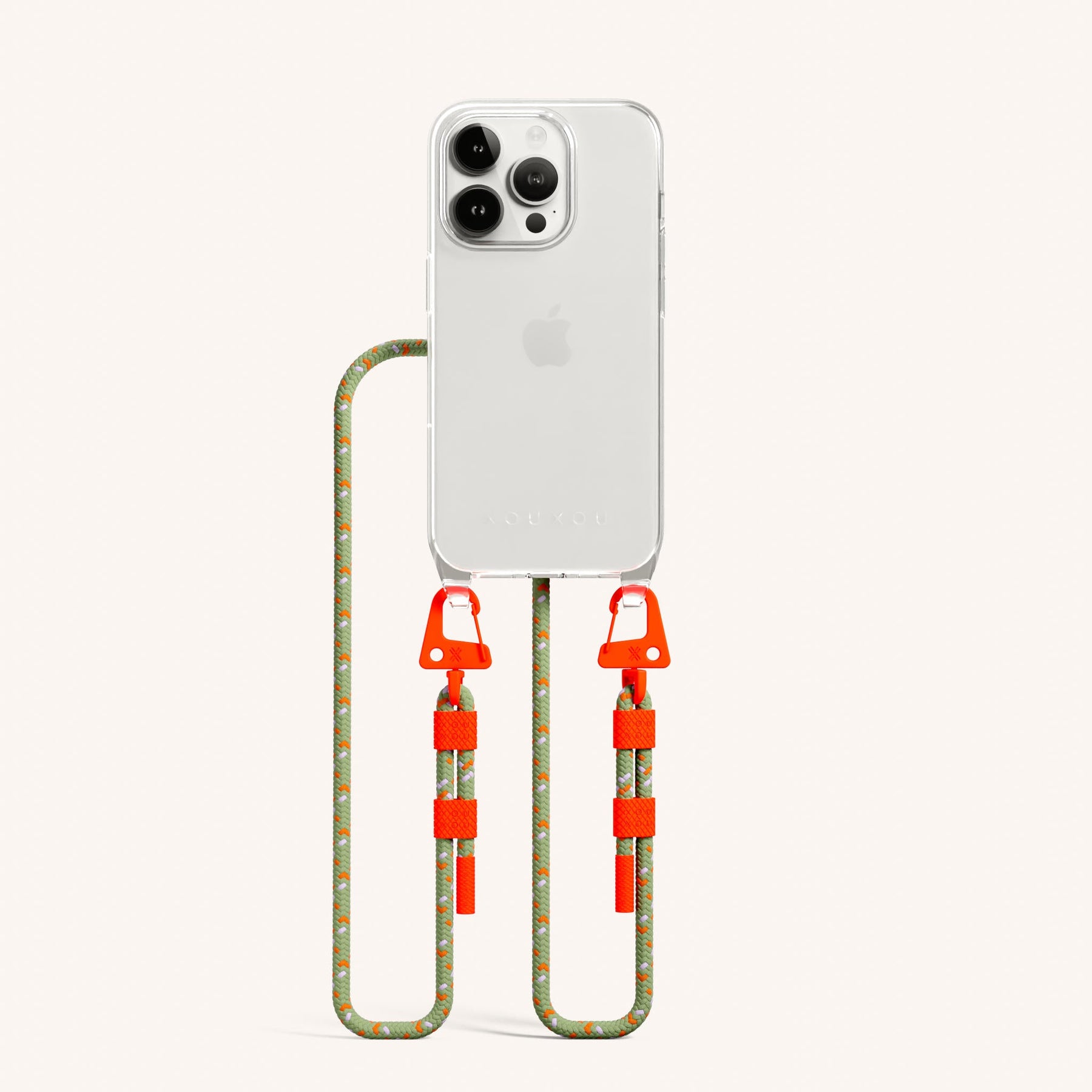 Handykette mit Karabinerband in Transparent + Orange Kamouflage