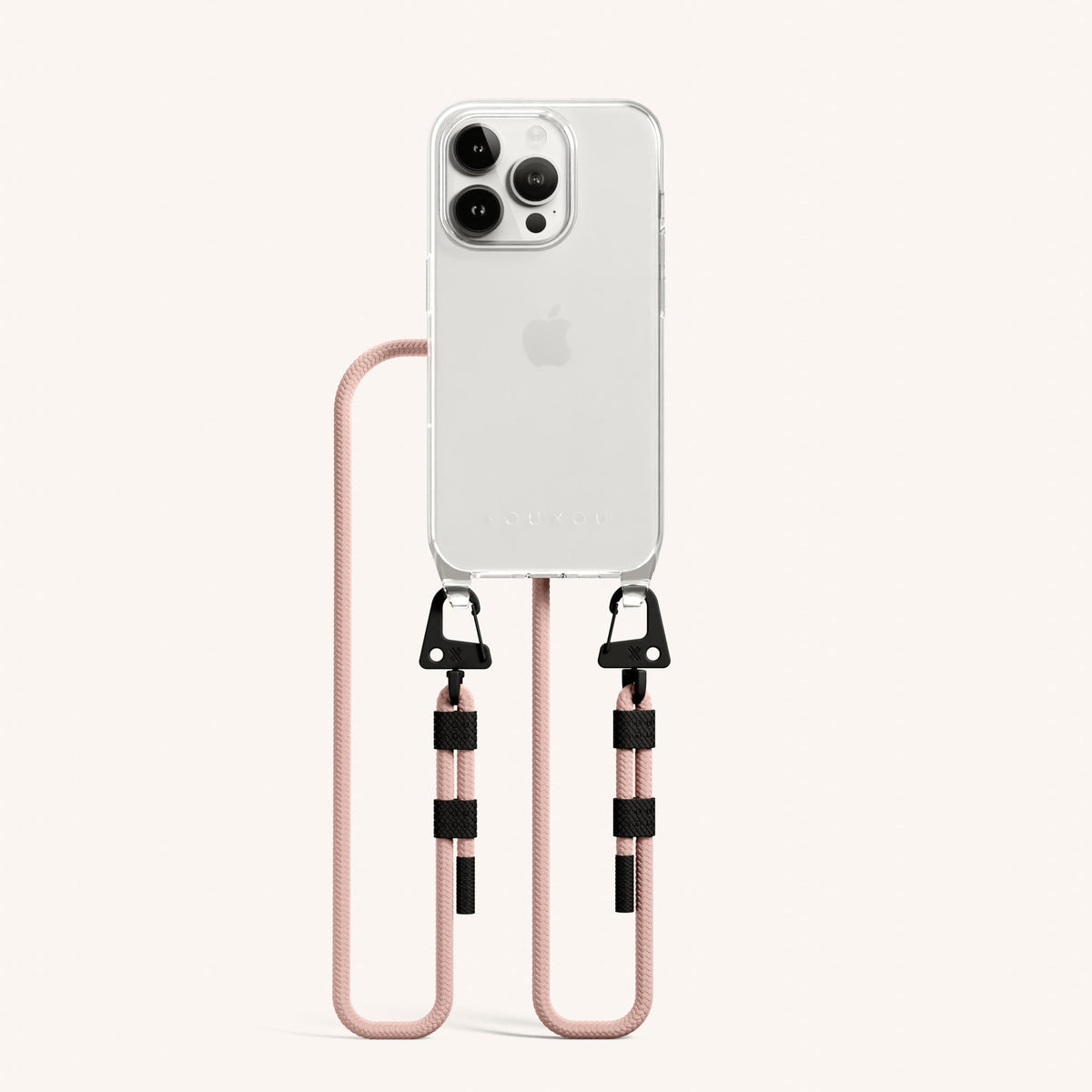 Clear Phone Necklace with Carabiner Rope for iPhone 15 Pro without MagSafe in Clear + Powder Pink Total View | XOUXOU #phone model_iphone 15 pro