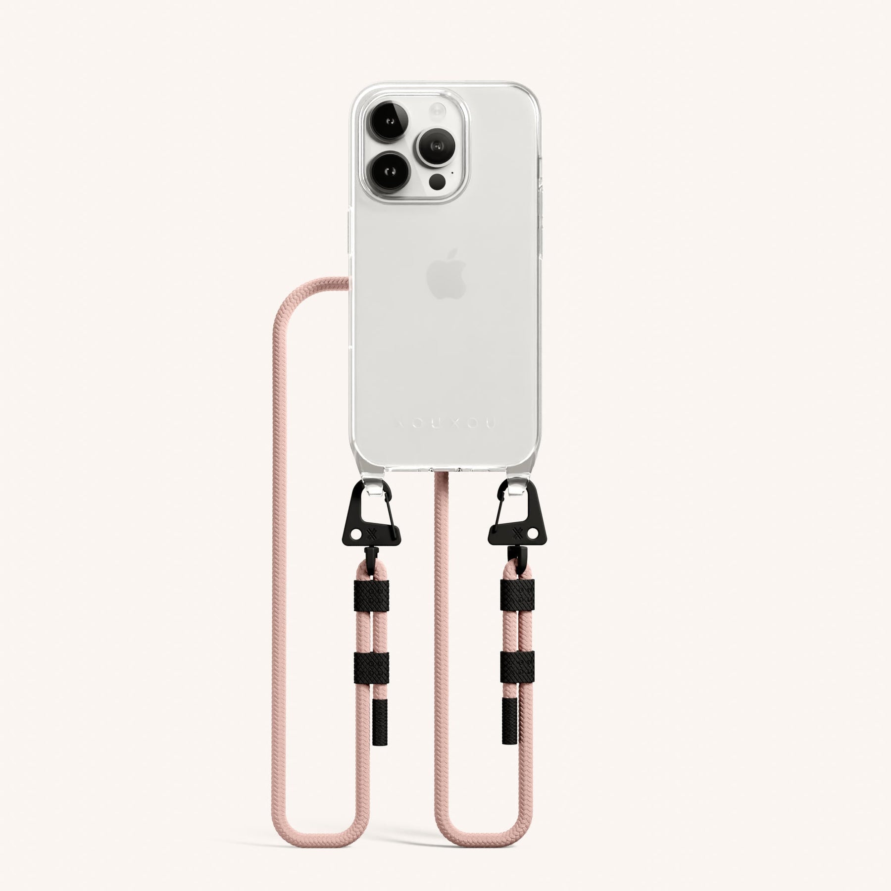 Phone Necklace with Carabiner Rope in Clear + Powder Pink