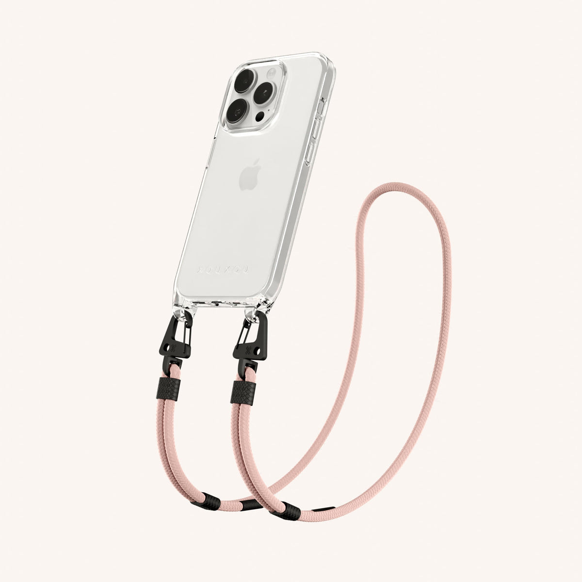 Clear Phone Necklace with Carabiner Rope for iPhone 15 Pro without MagSafe in Clear + Powder Pink Perspective View | XOUXOU #phone model_iphone 15 pro