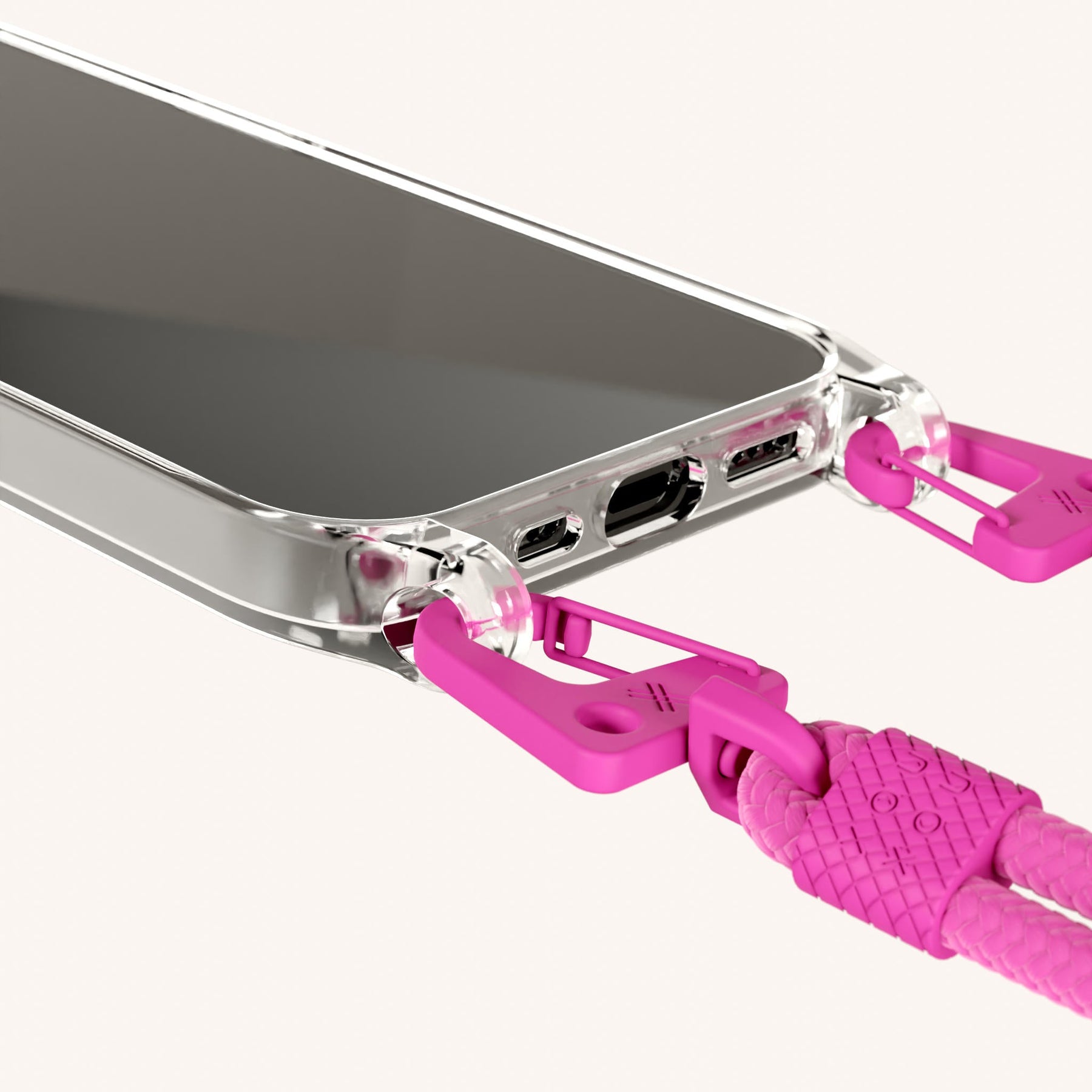 Phone Necklace with Carabiner Rope in Clear + Power Pink