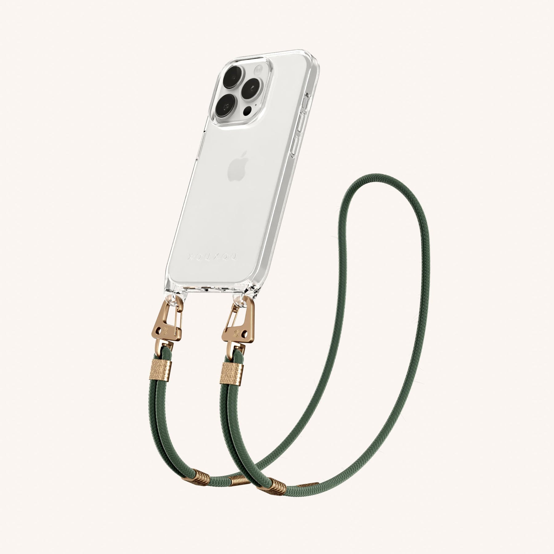 Phone Necklace with Carabiner Rope in Clear + Sage