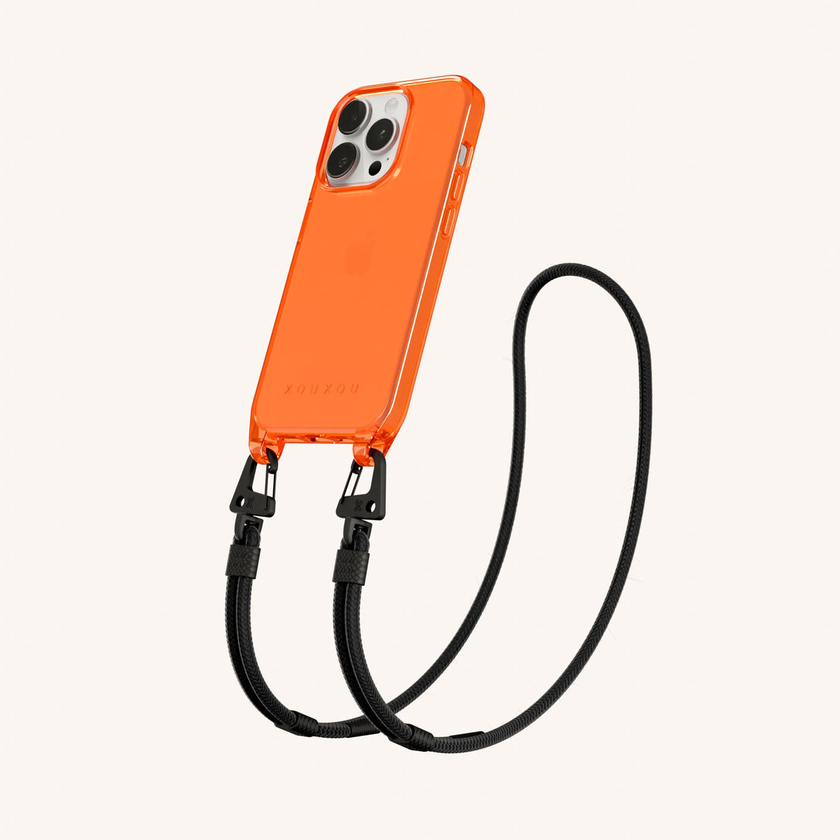 Clear Phone Necklace with Carabiner Rope for iPhone 15 Pro without MagSafe in Neon Orange Clear + Black Perspective View | XOUXOU #phone model_iphone 15 pro