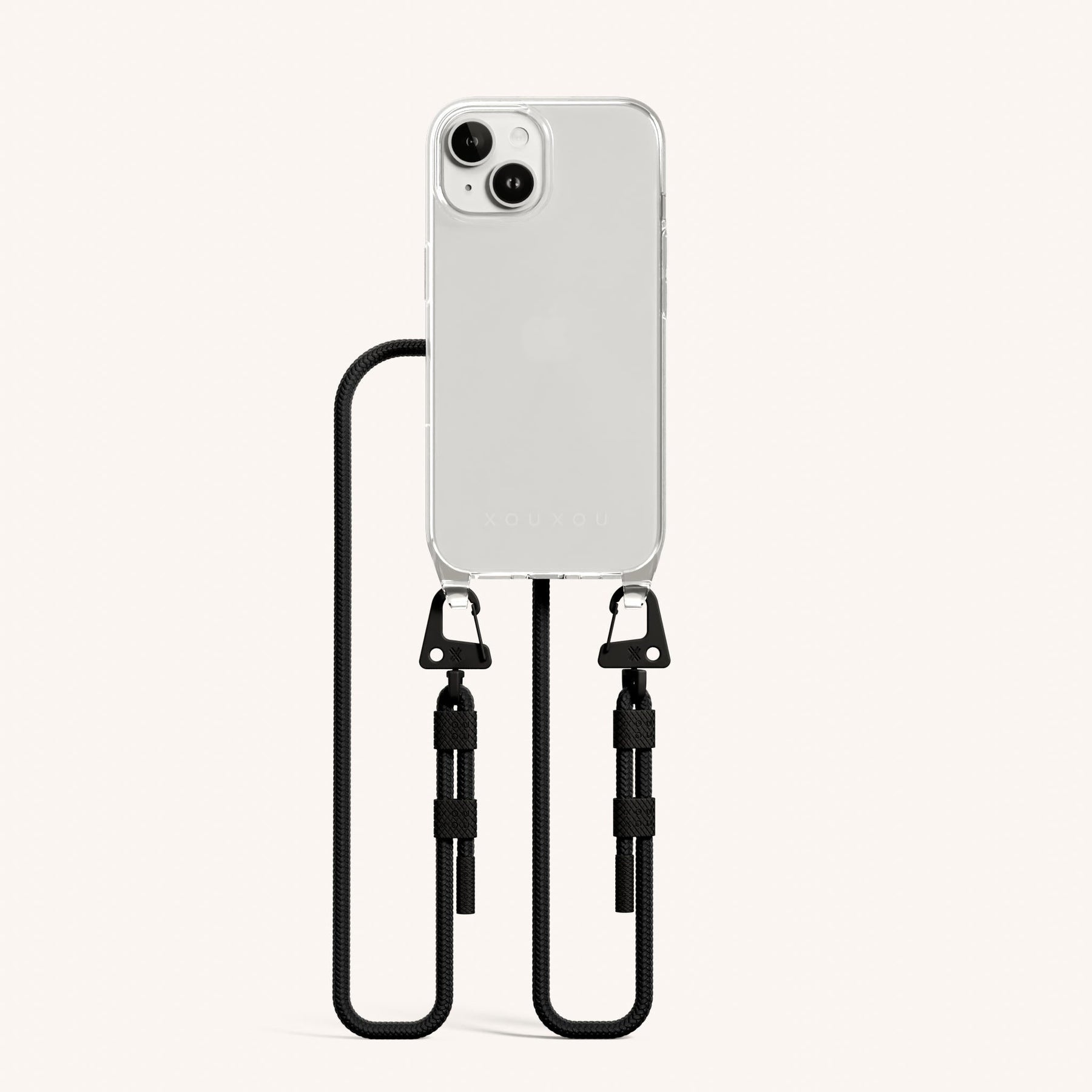 Phone Necklace with Carabiner Rope in Clear + Black