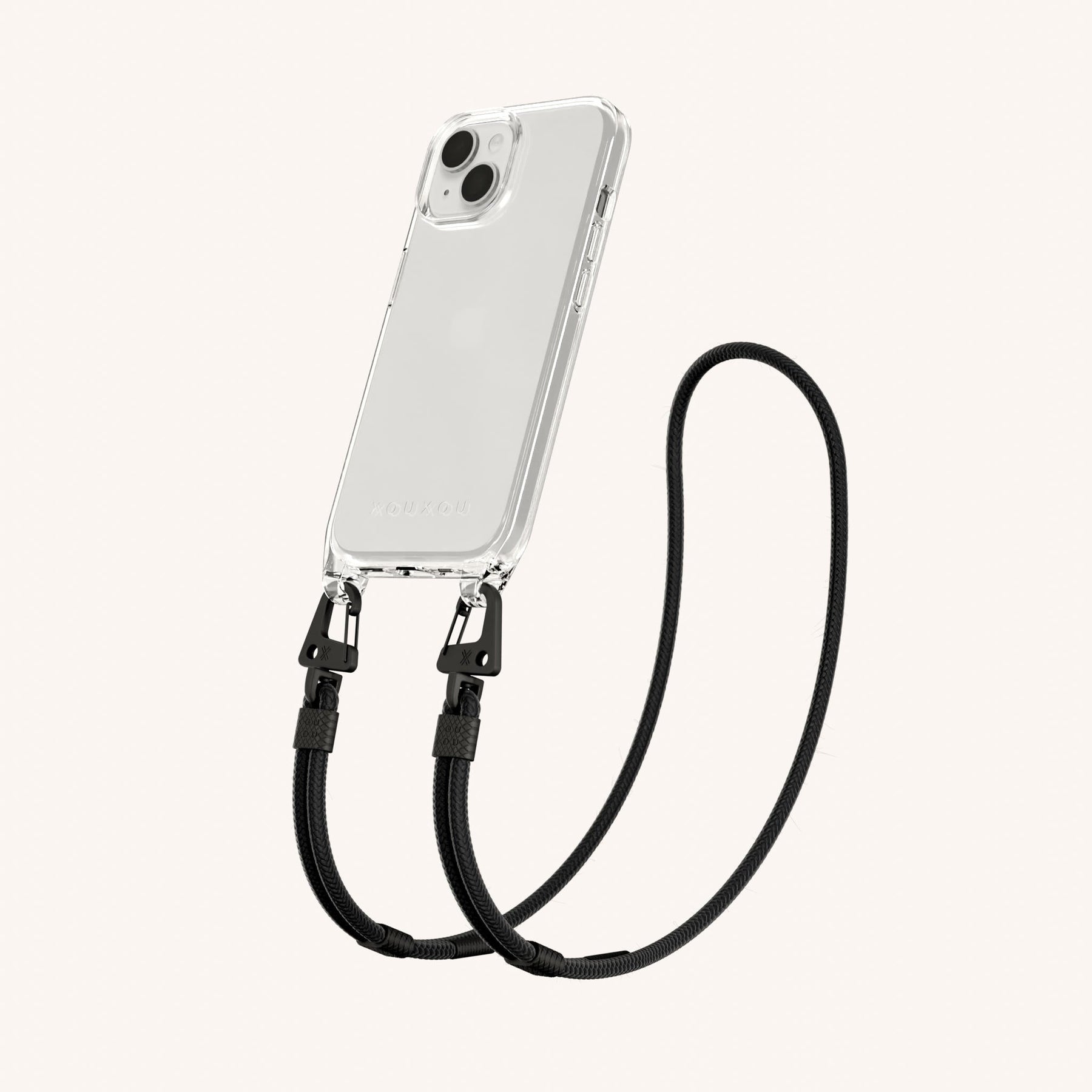 Phone Necklace with Carabiner Rope in Clear + Black