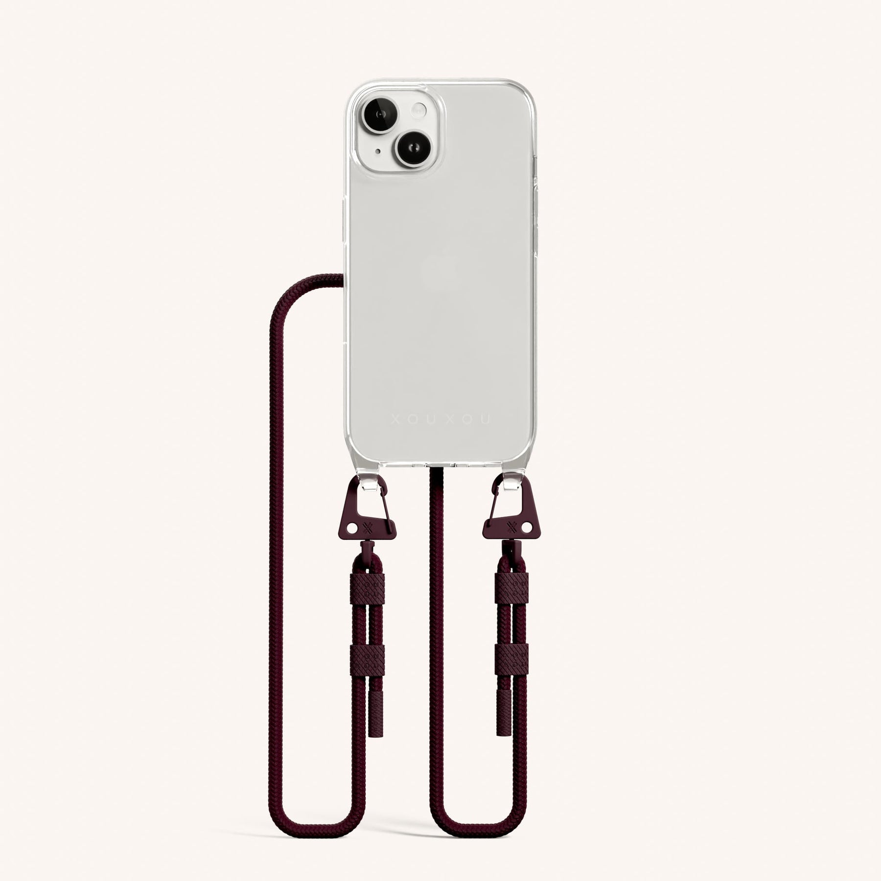 Phone Necklace with Carabiner Rope in Clear + Burgundy