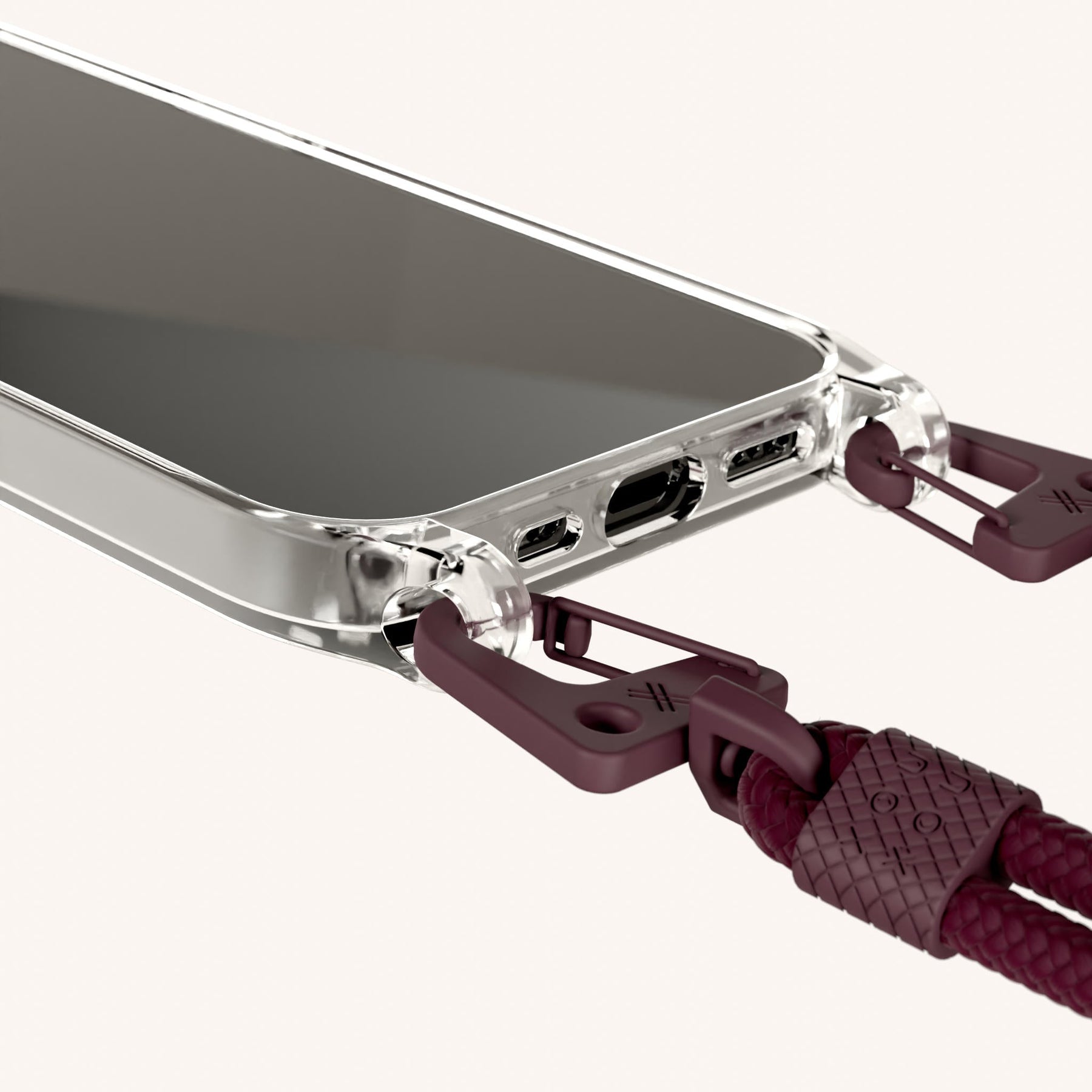Handykette mit Karabinerband in Transparent + Weinrot