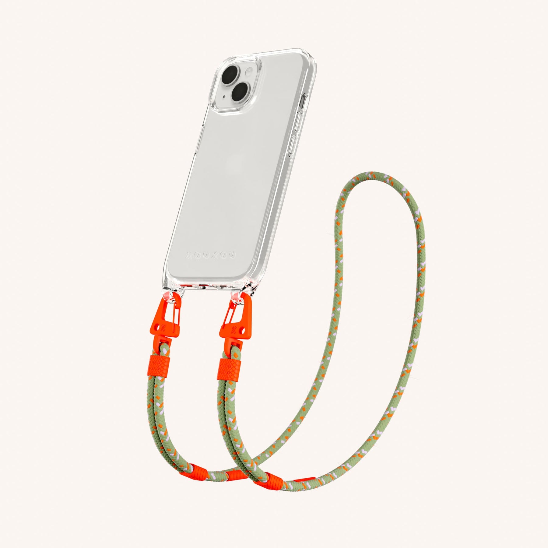 Phone Necklace with Carabiner Rope in Clear + Orange Camouflage