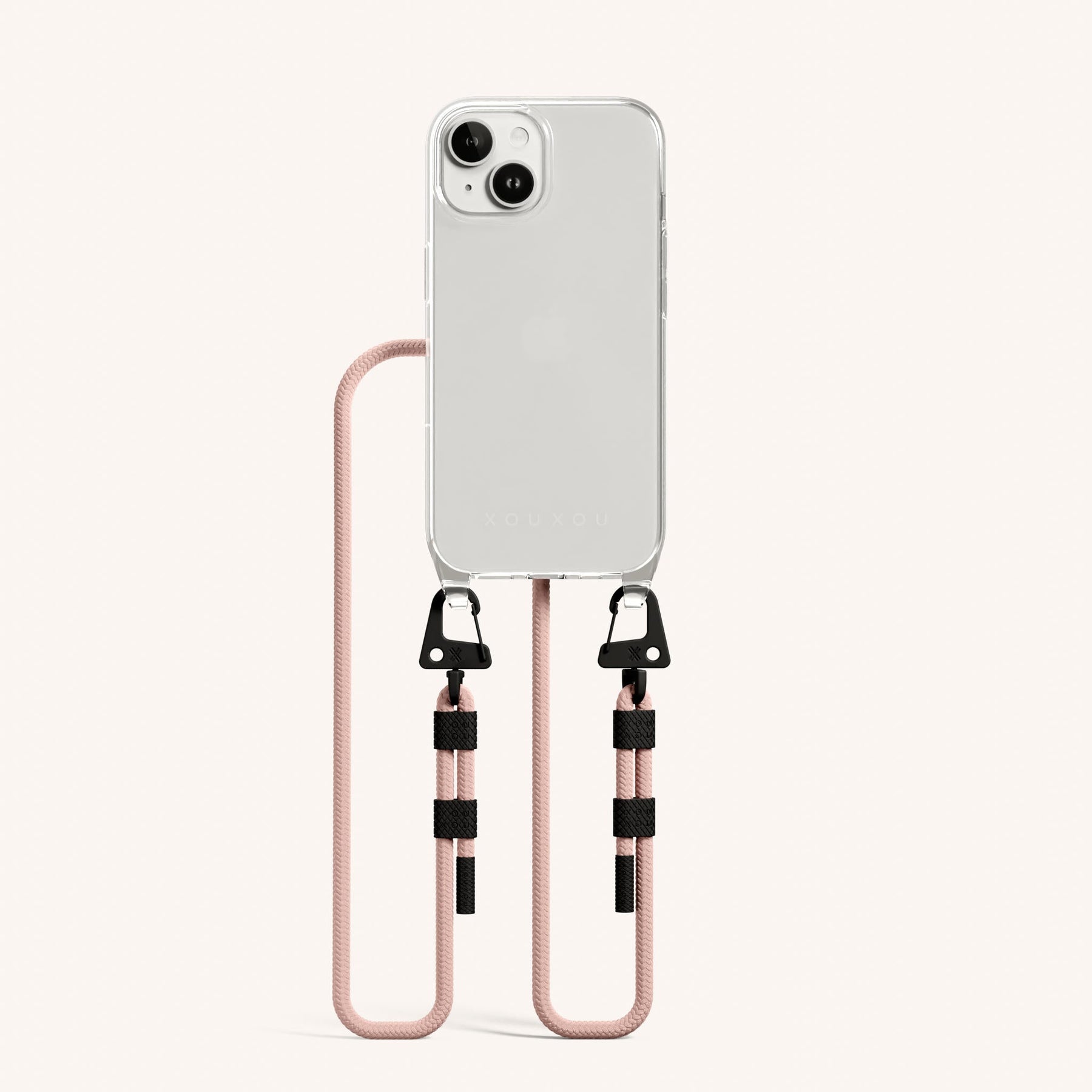Phone Necklace with Carabiner Rope in Clear + Powder Pink