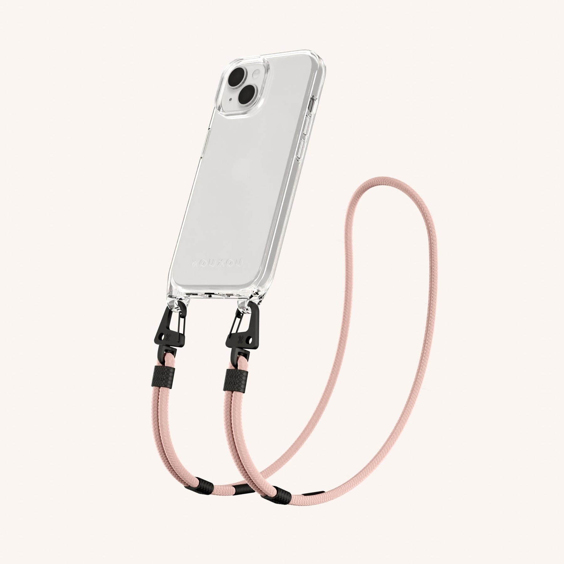 Phone Necklace with Carabiner Rope in Clear + Powder Pink
