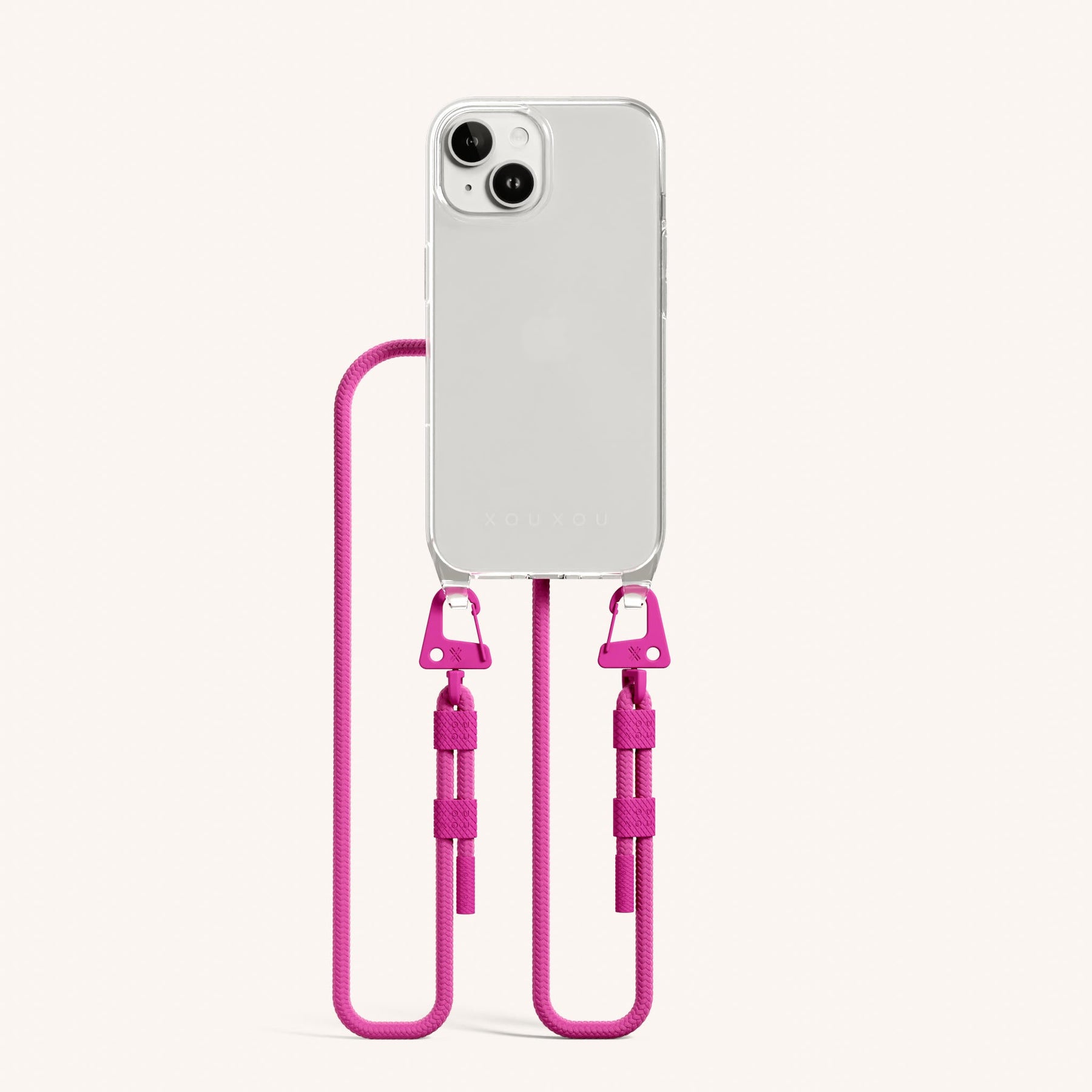 Phone Necklace with Carabiner Rope in Clear + Power Pink