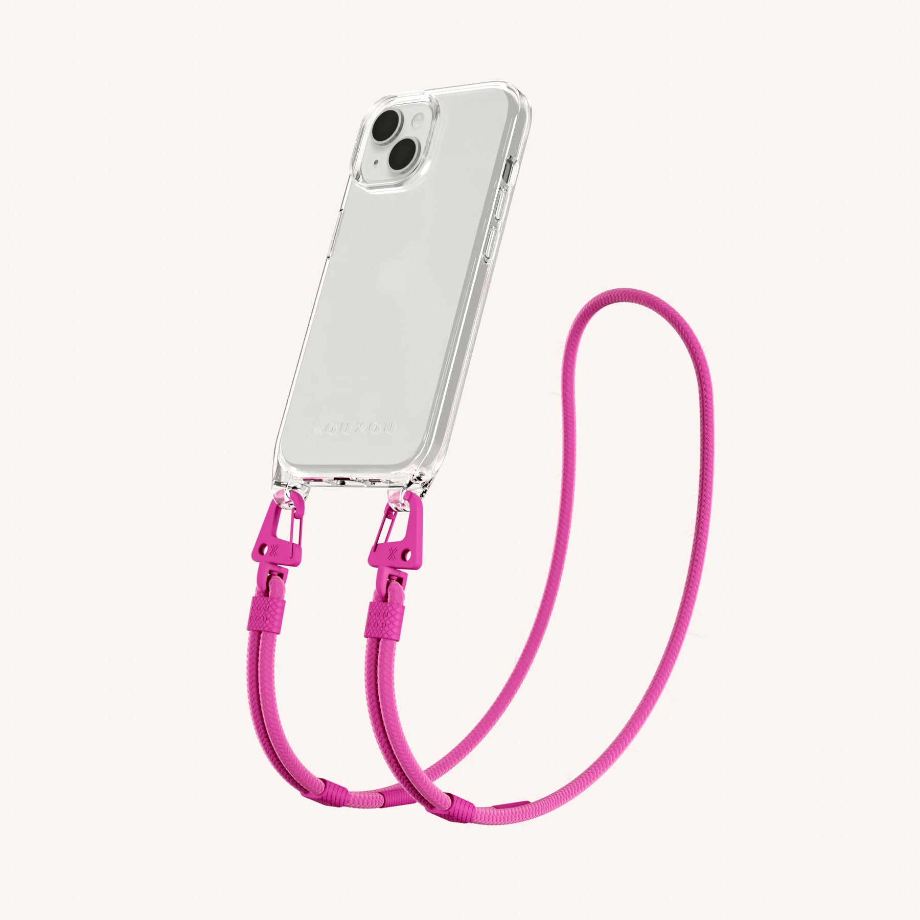 Phone Necklace with Carabiner Rope in Clear + Power Pink