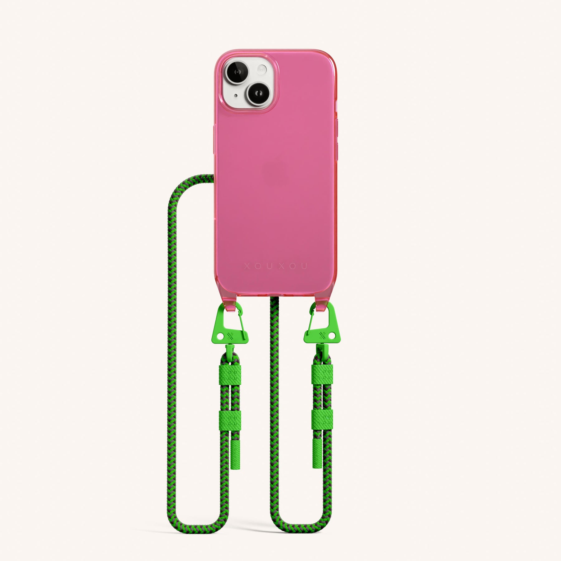 Phone Necklace with Carabiner Rope in Cyber Pink Clear + Acid