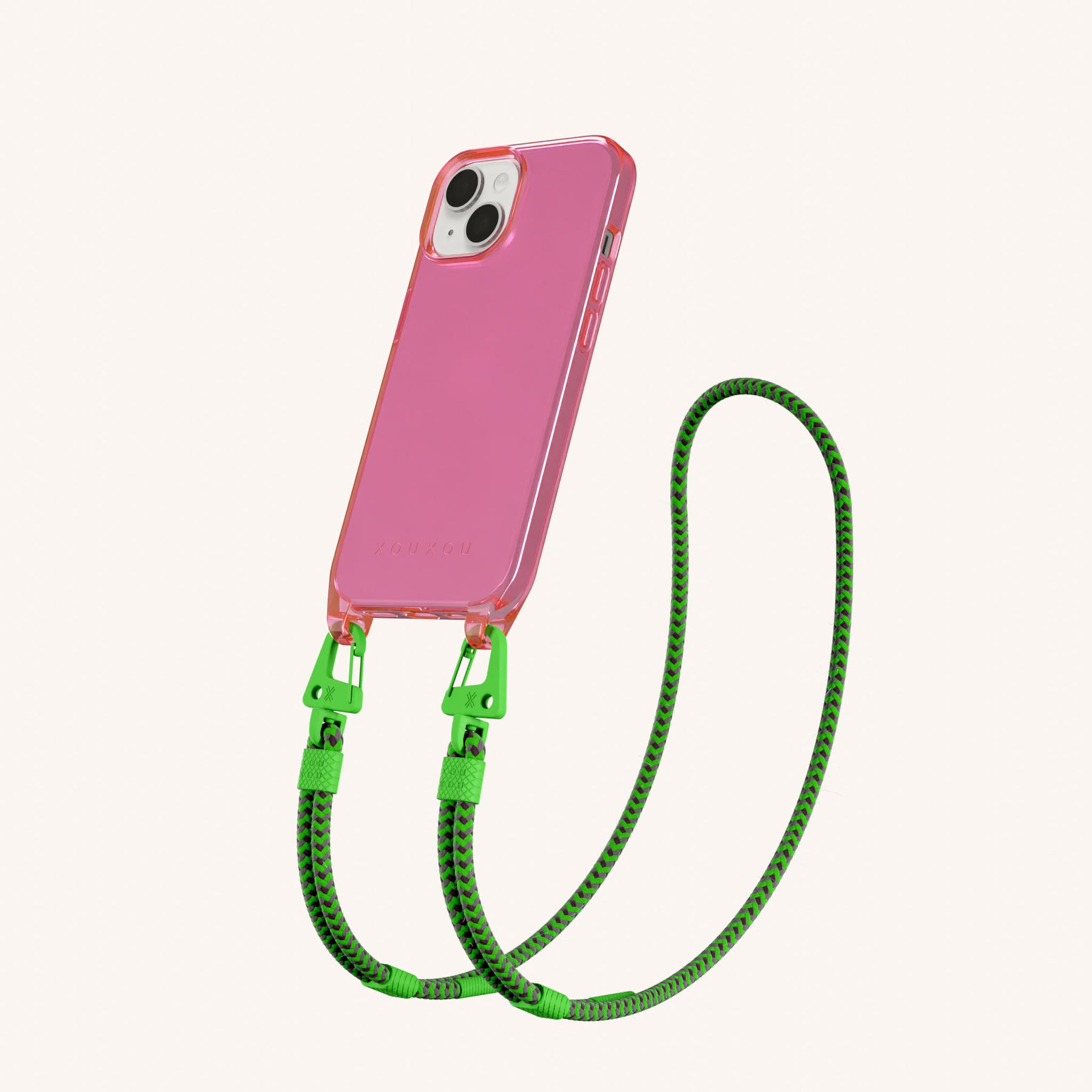 Phone Necklace with Carabiner Rope in Cyber Pink Clear + Acid