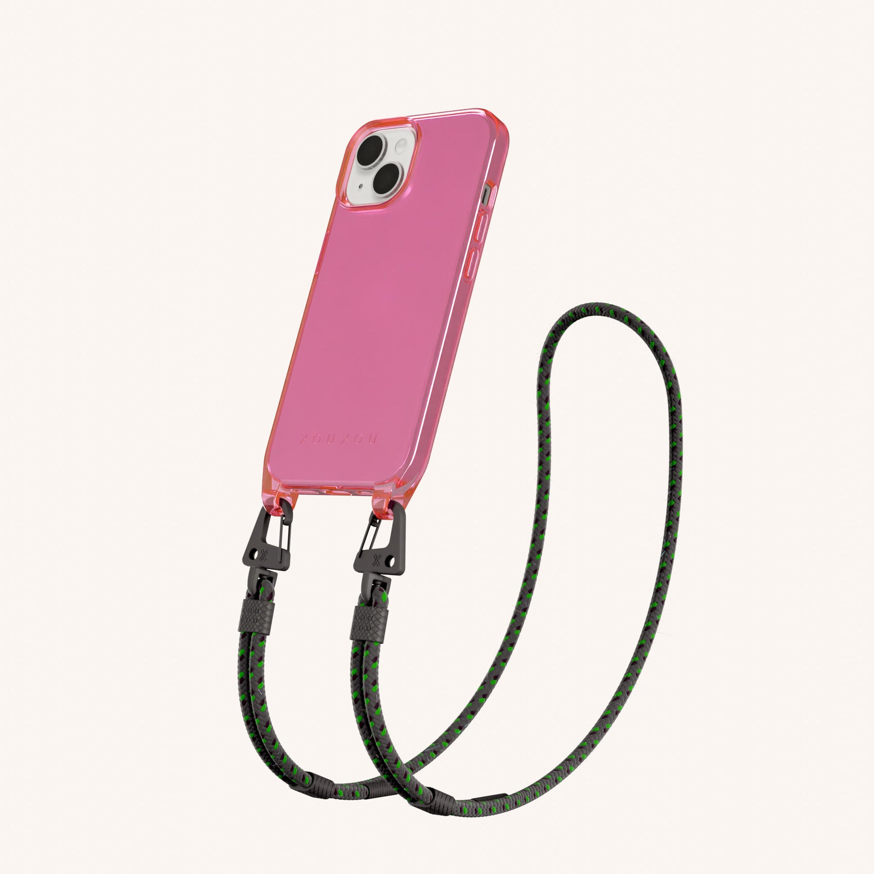 Phone Necklace with Carabiner Rope in Cyber Pink Clear + Ash