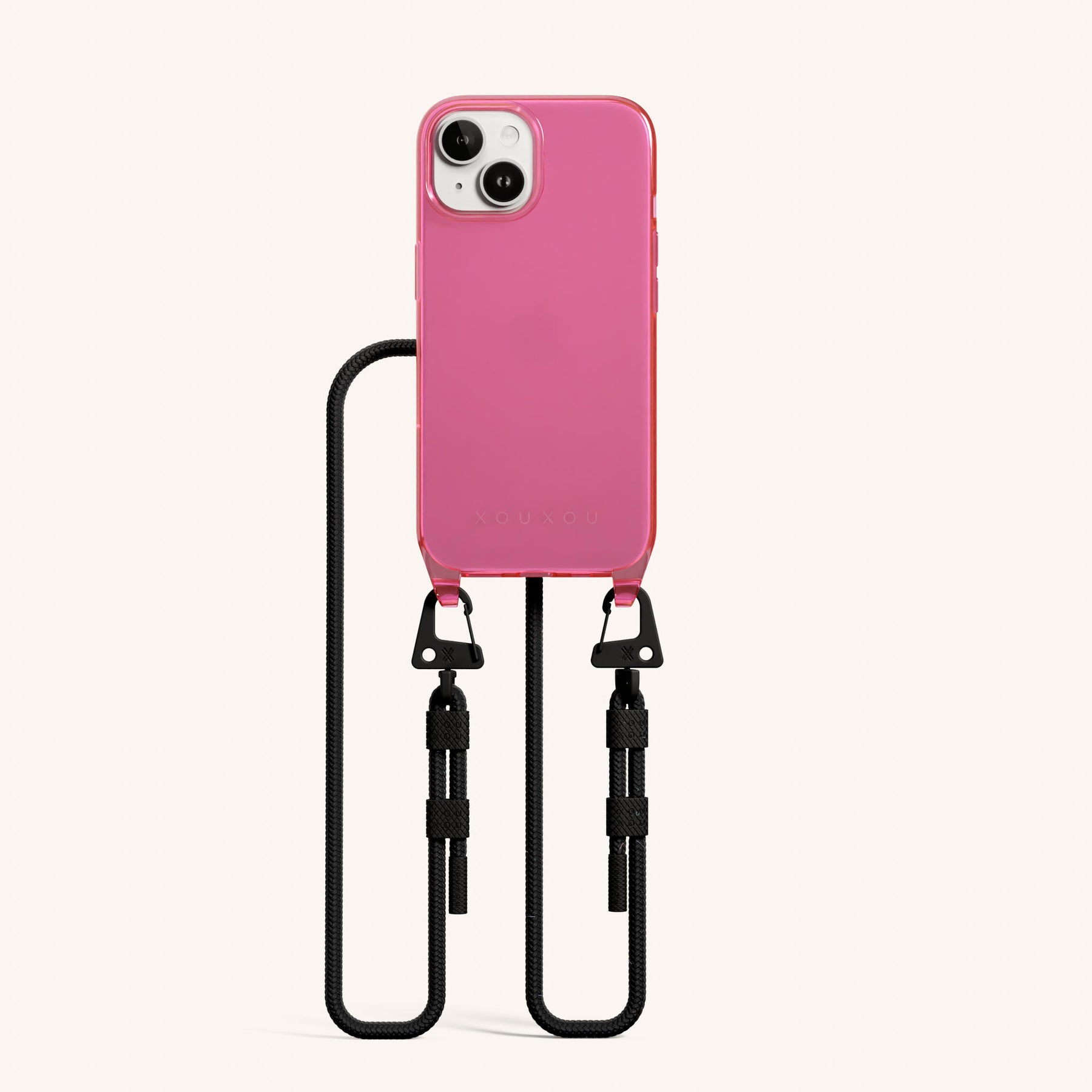 Phone Necklace with Carabiner Rope in Cyber Pink Clear + Black