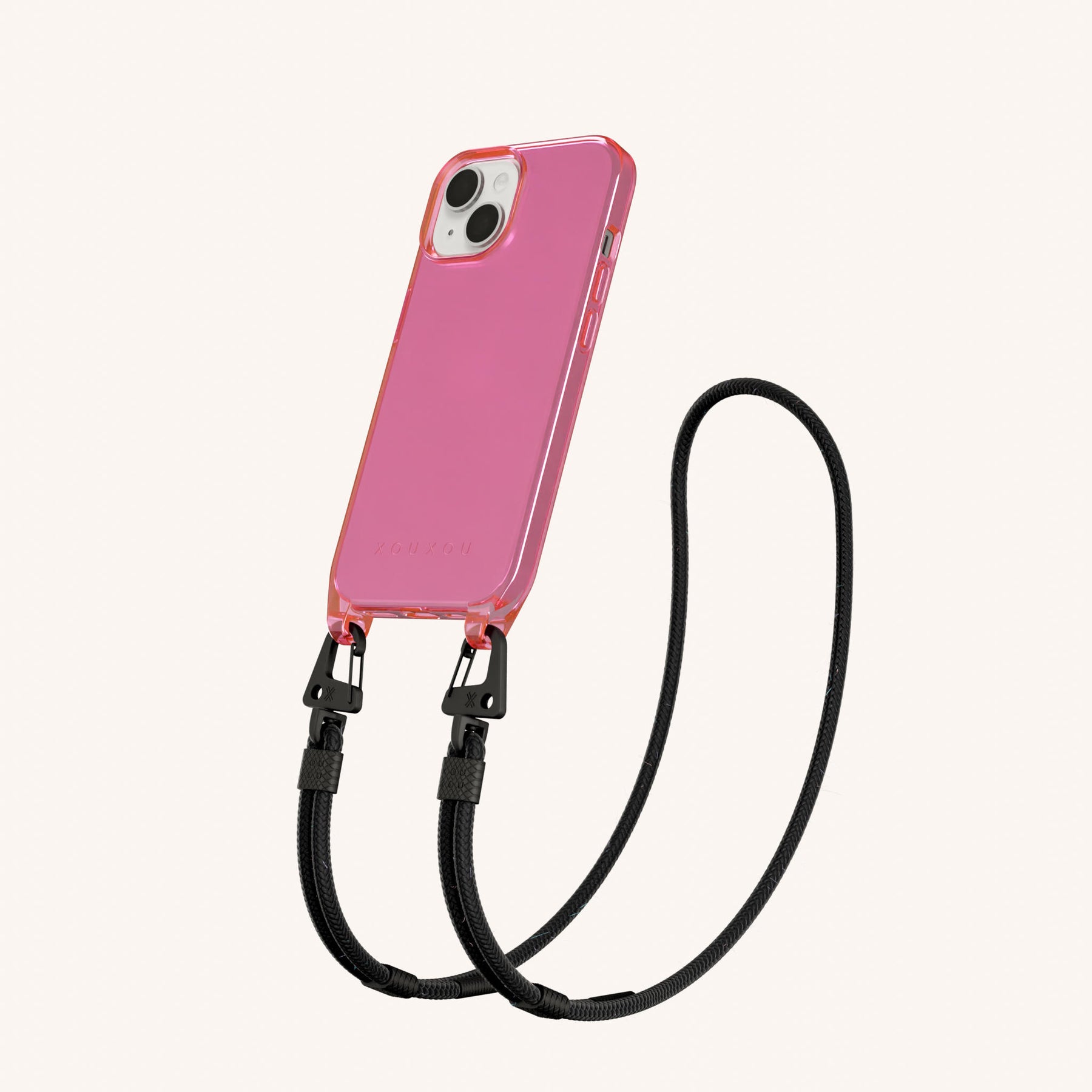 Phone Necklace with Carabiner Rope in Cyber Pink Clear + Black