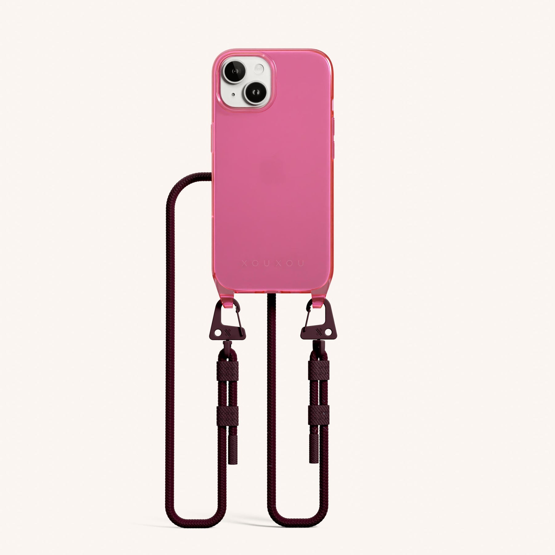 Phone Necklace with Carabiner Rope in Cyber Pink Clear + Burgundy