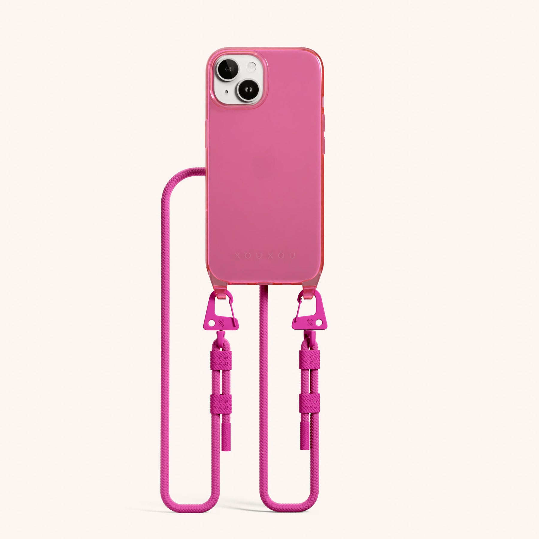 Phone Necklace with Carabiner Rope in Cyber Pink Clear + Power Pink