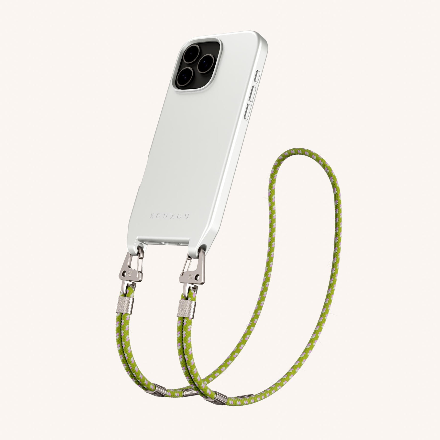 Phone Necklace with Carabiner Rope in Y2K Silver + Spotted Olive