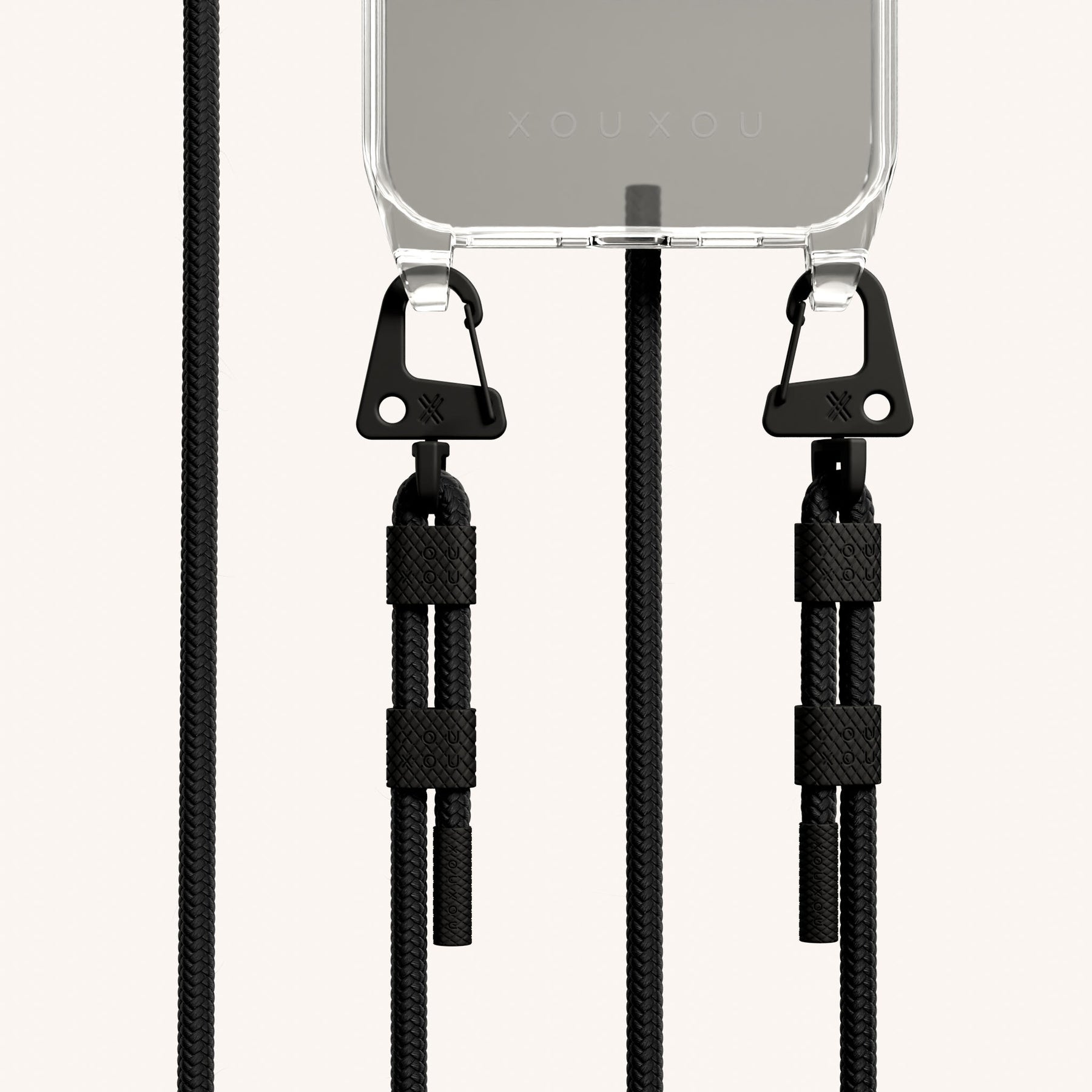 Phone Necklace with Carabiner Rope in Clear + Black