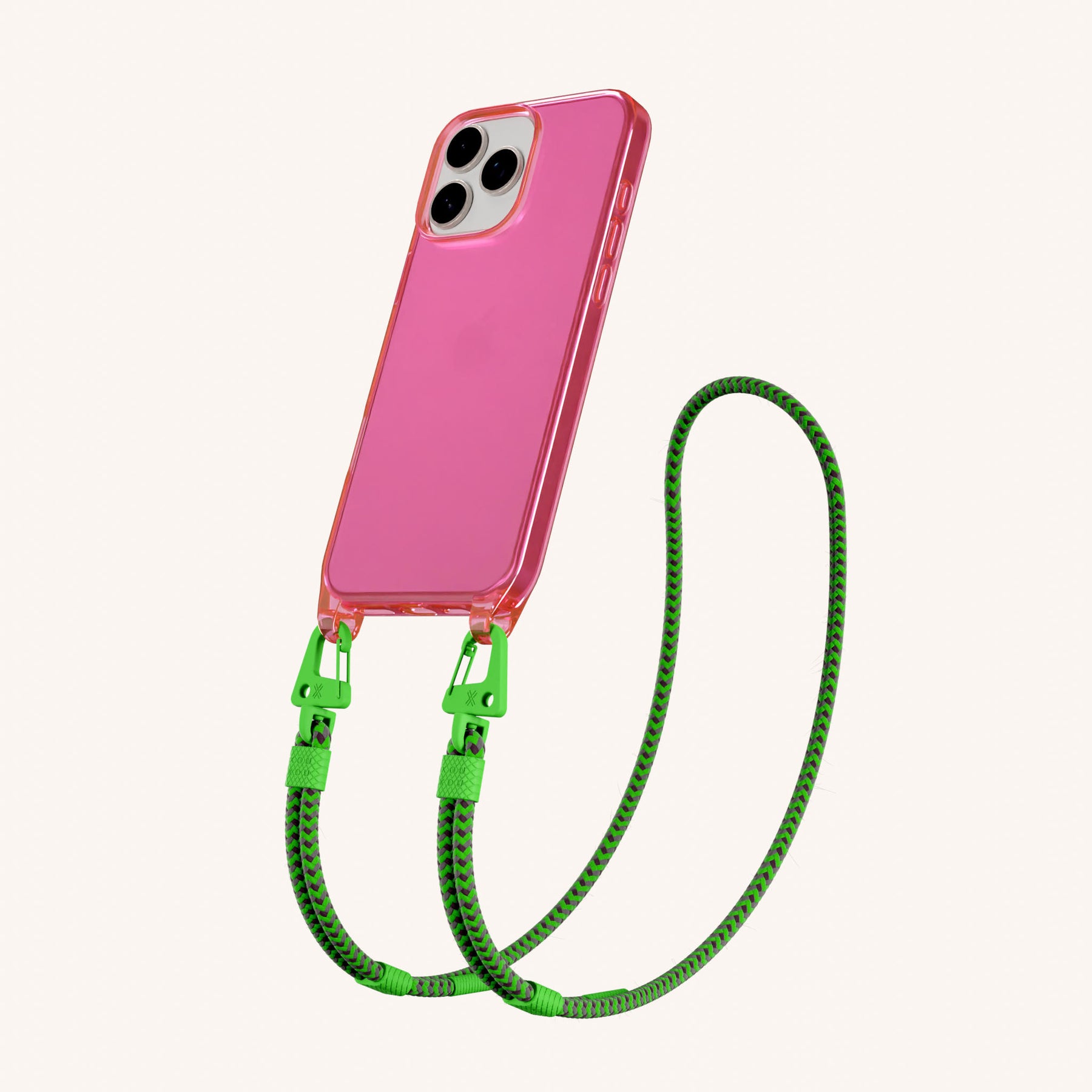 Phone Necklace with Carabiner Rope in Cyber Pink Clear + Acid