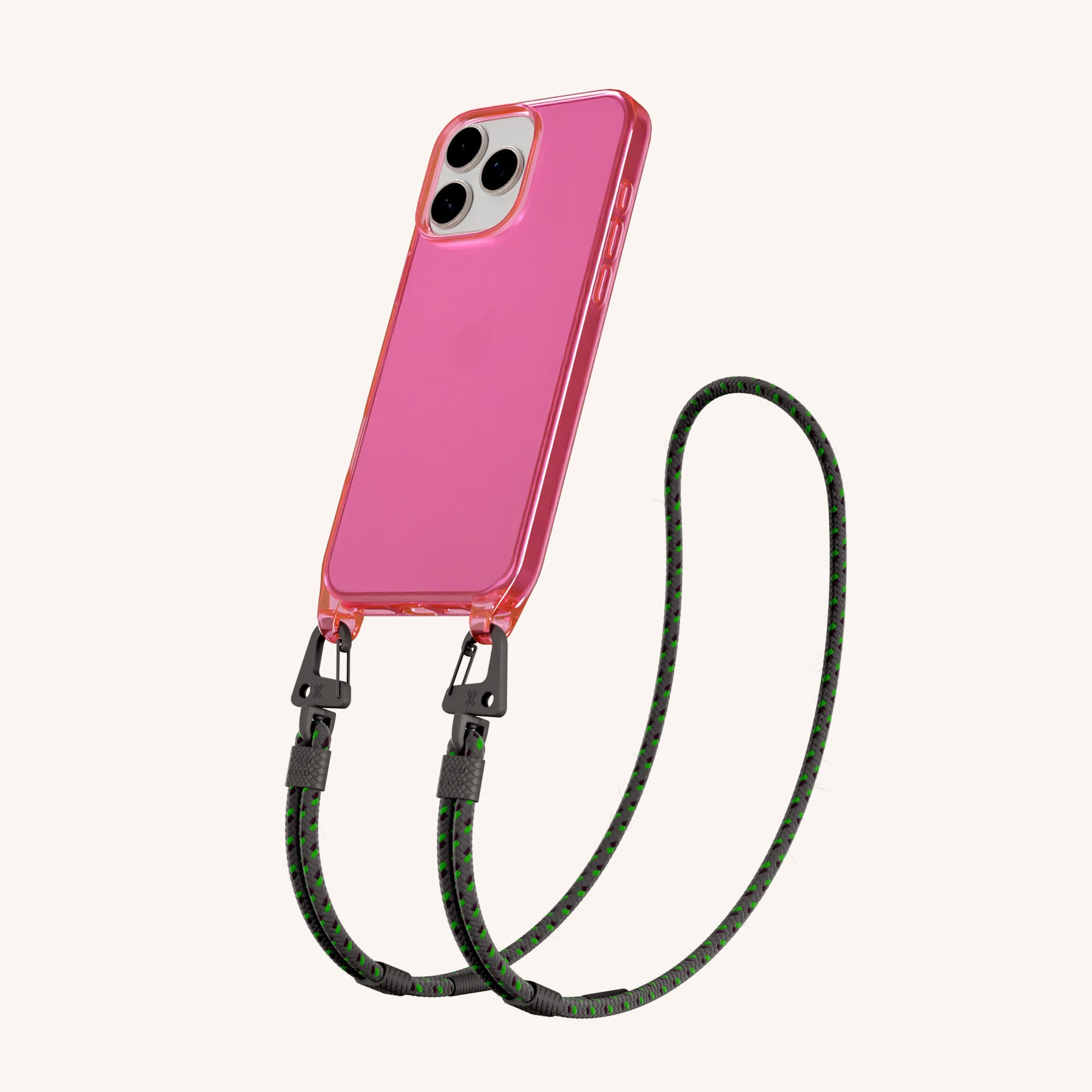 Phone Necklace with Carabiner Rope in Cyber Pink Clear + Ash