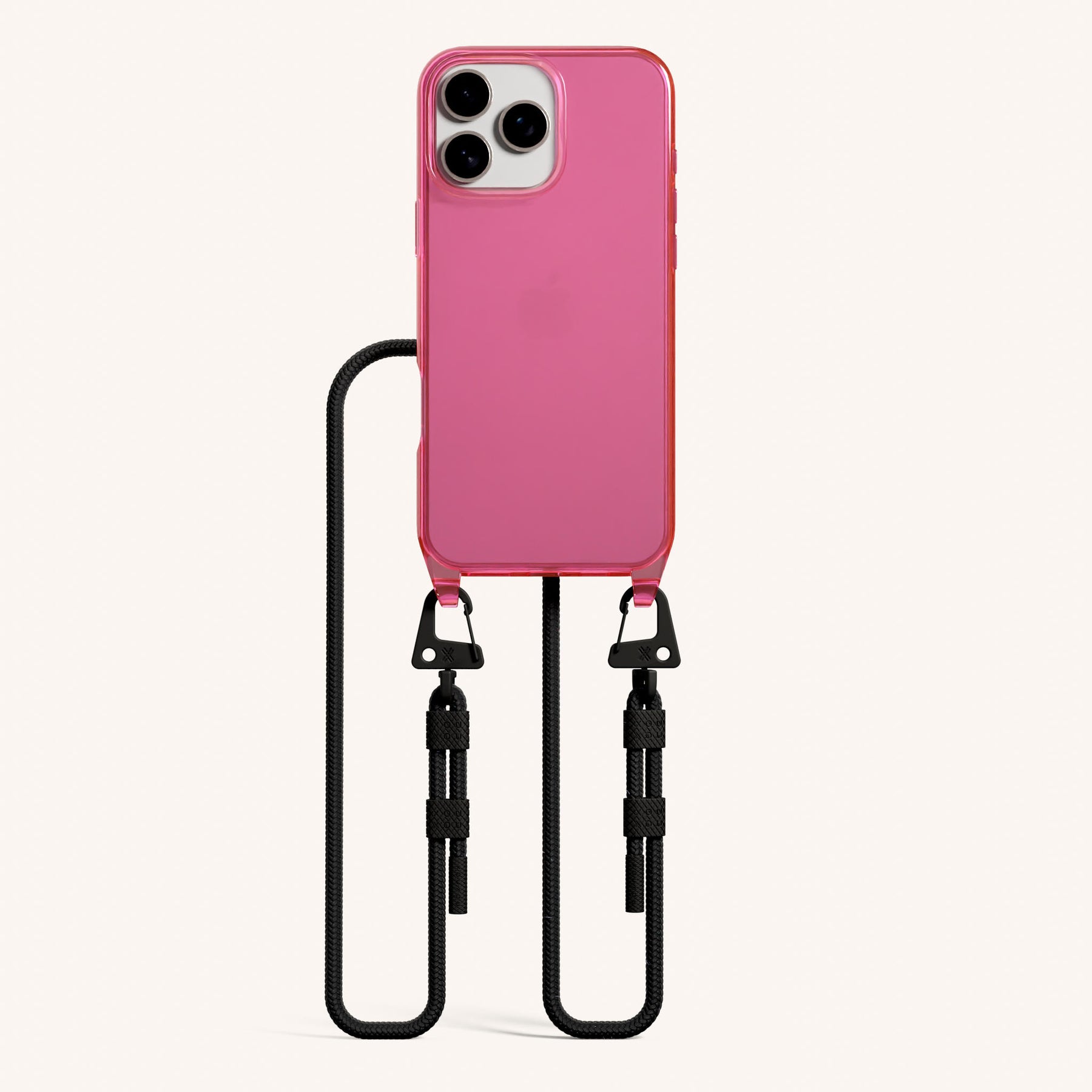 Phone Necklace with Carabiner Rope in Cyber Pink Clear + Black