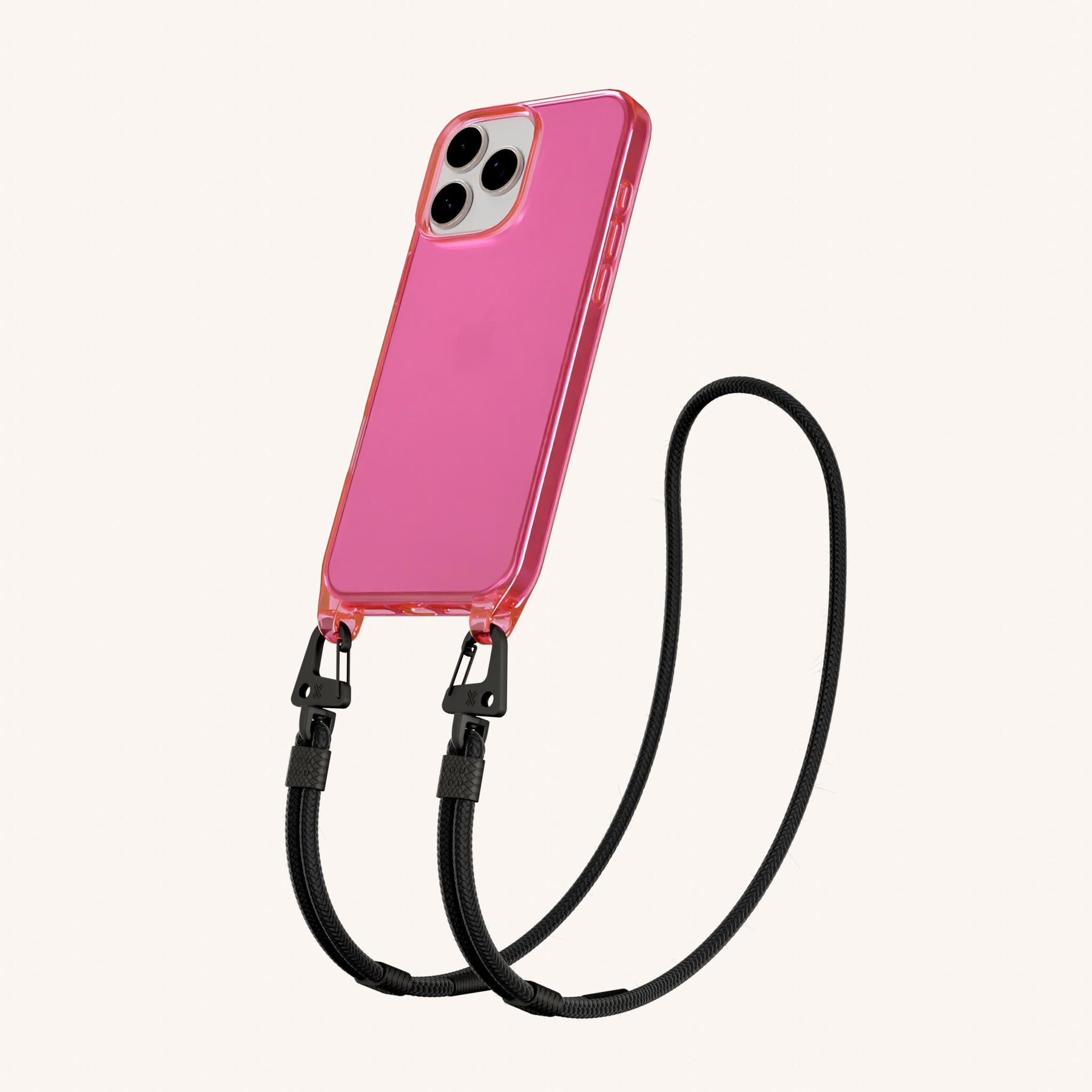 Phone Necklace with Carabiner Rope in Cyber Pink Clear + Black