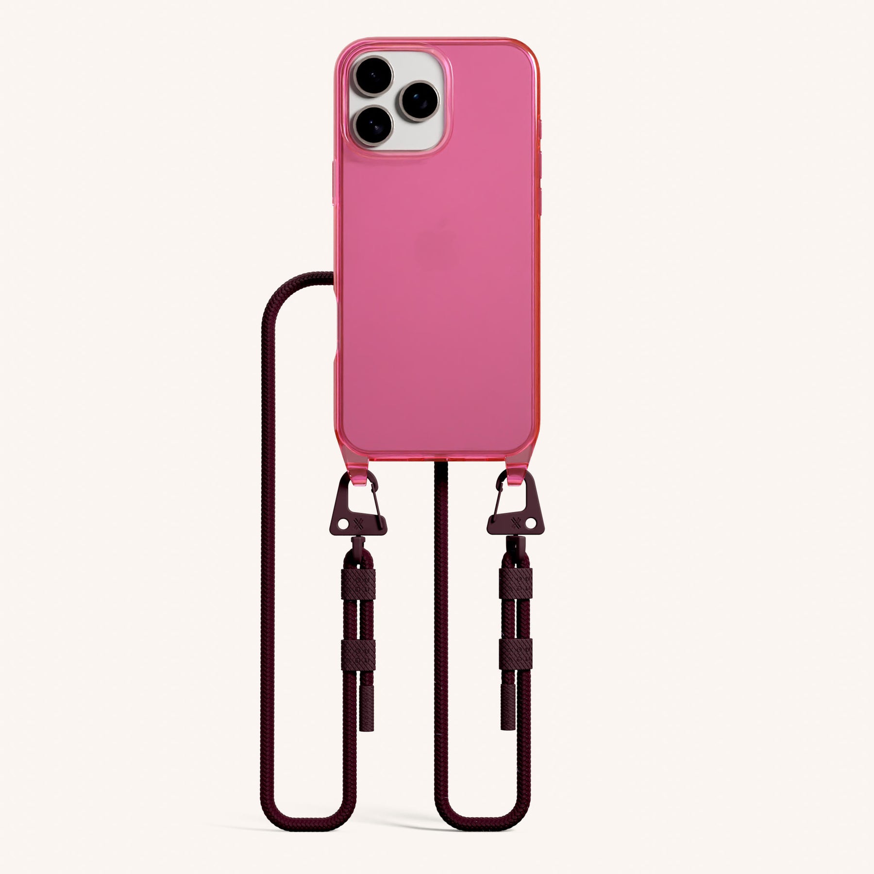 Phone Necklace with Carabiner Rope in Cyber Pink Clear + Burgundy