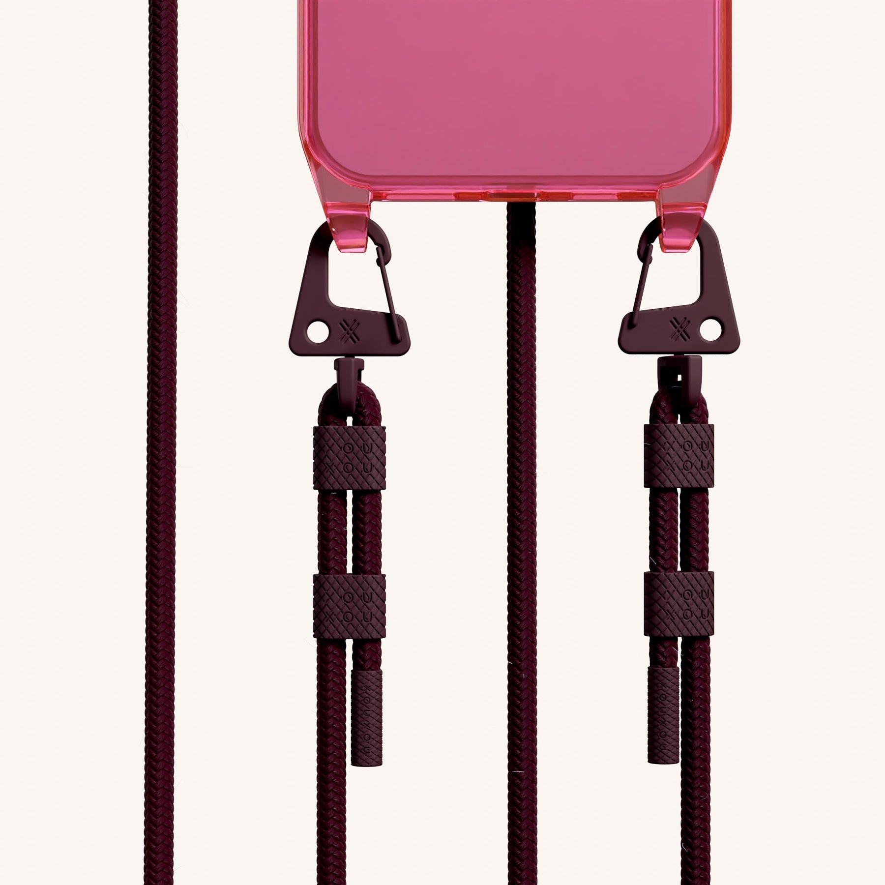 Phone Necklace with Carabiner Rope in Cyber Pink Clear + Burgundy