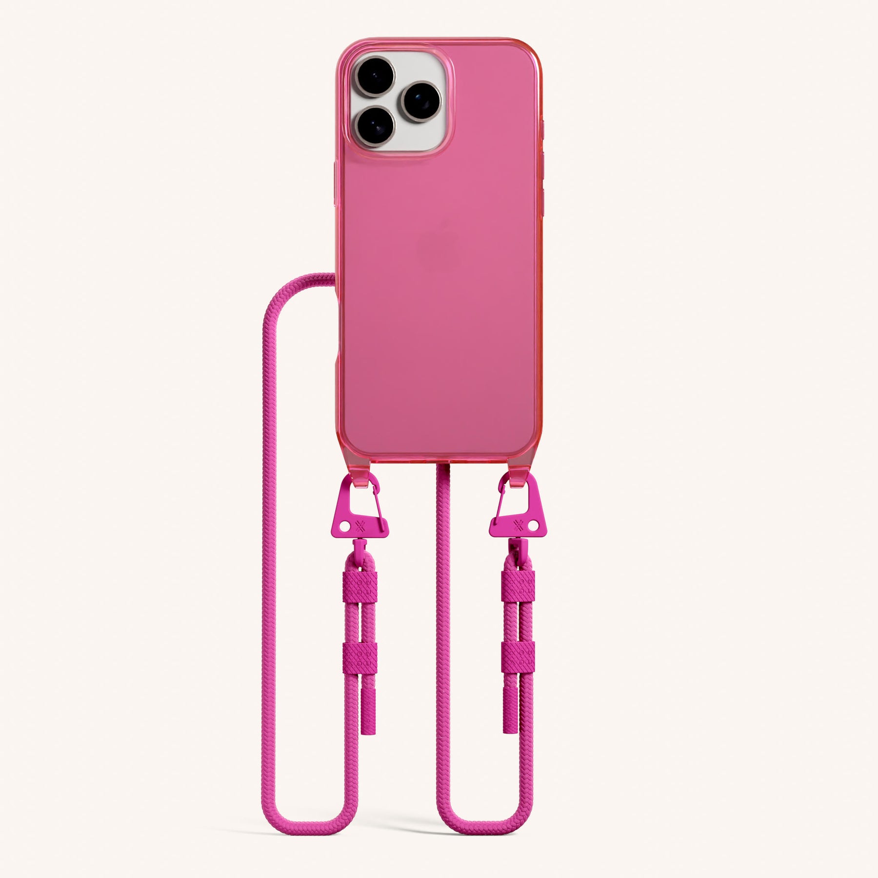 Phone Necklace with Carabiner Rope in Cyber Pink Clear + Power Pink