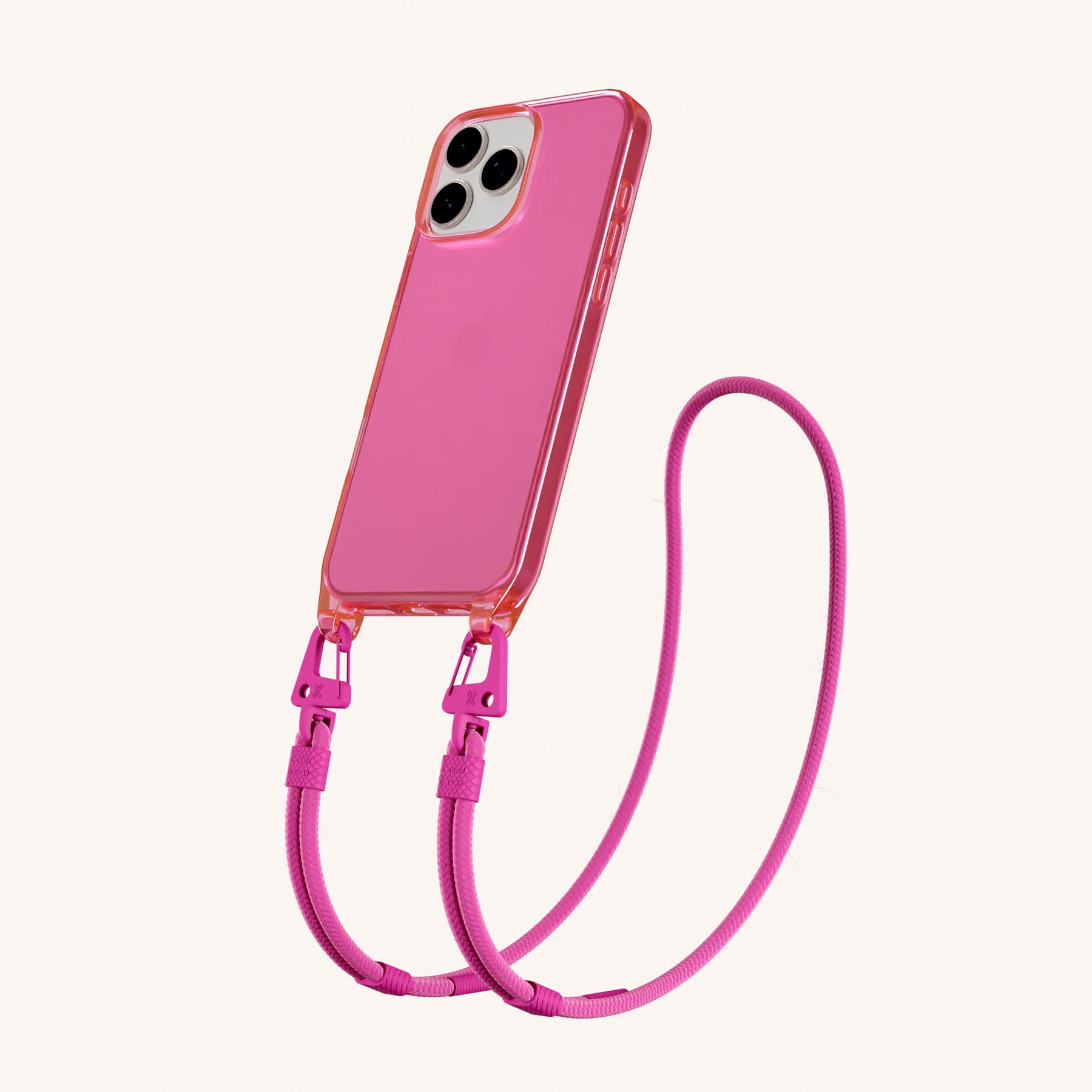 Phone Necklace with Carabiner Rope in Cyber Pink Clear + Power Pink