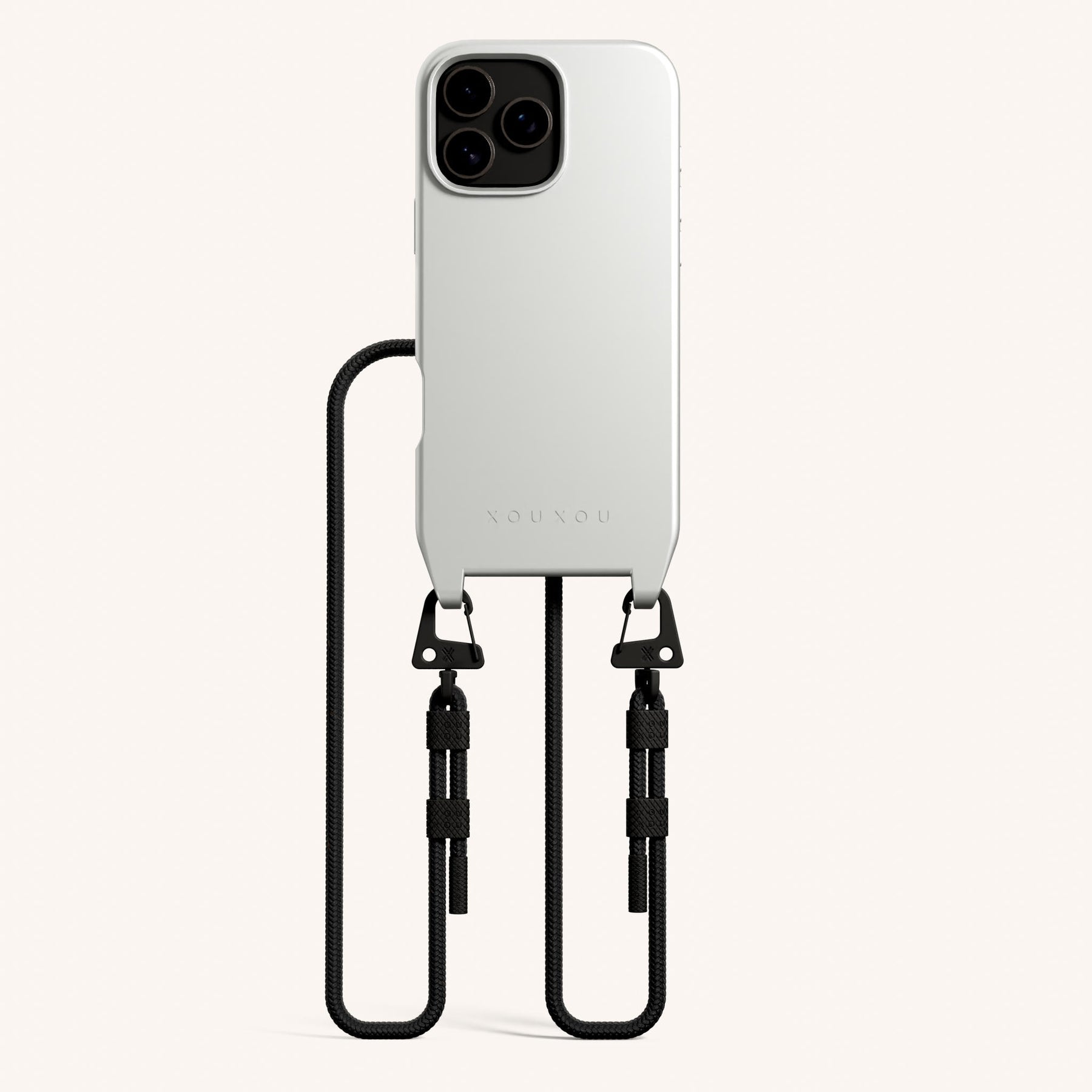 Phone Necklace with Carabiner Rope in Y2K Silver + Black