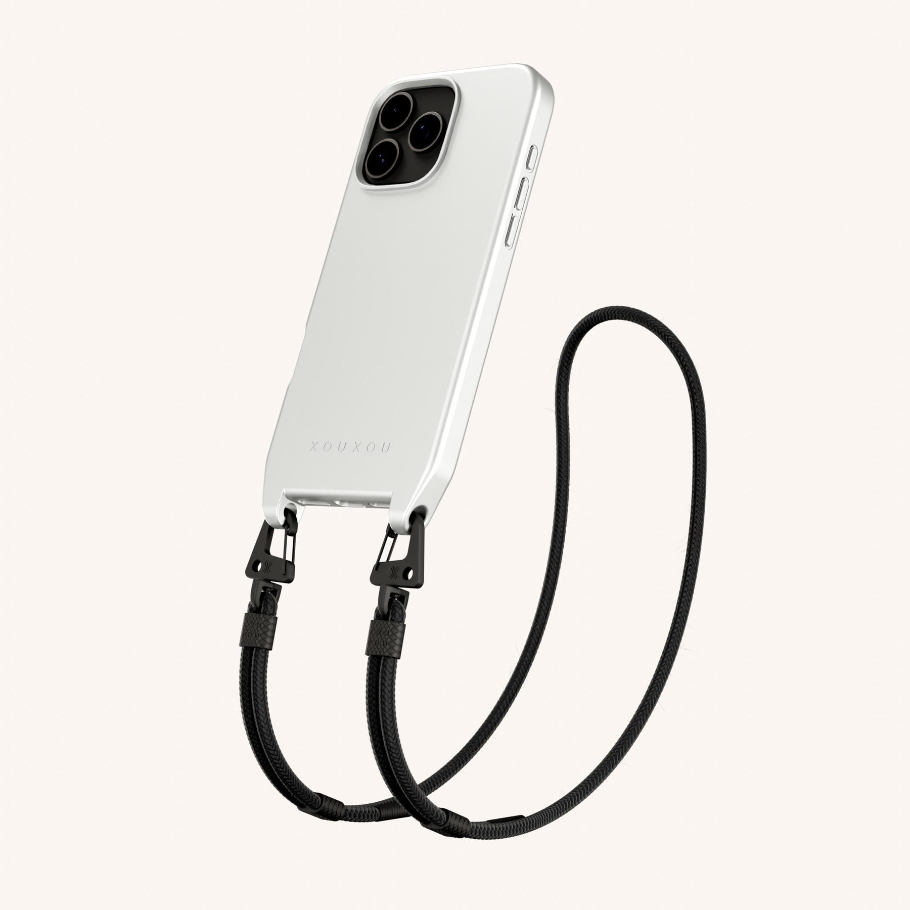 Phone Necklace with Carabiner Rope in Y2K Silver + Black