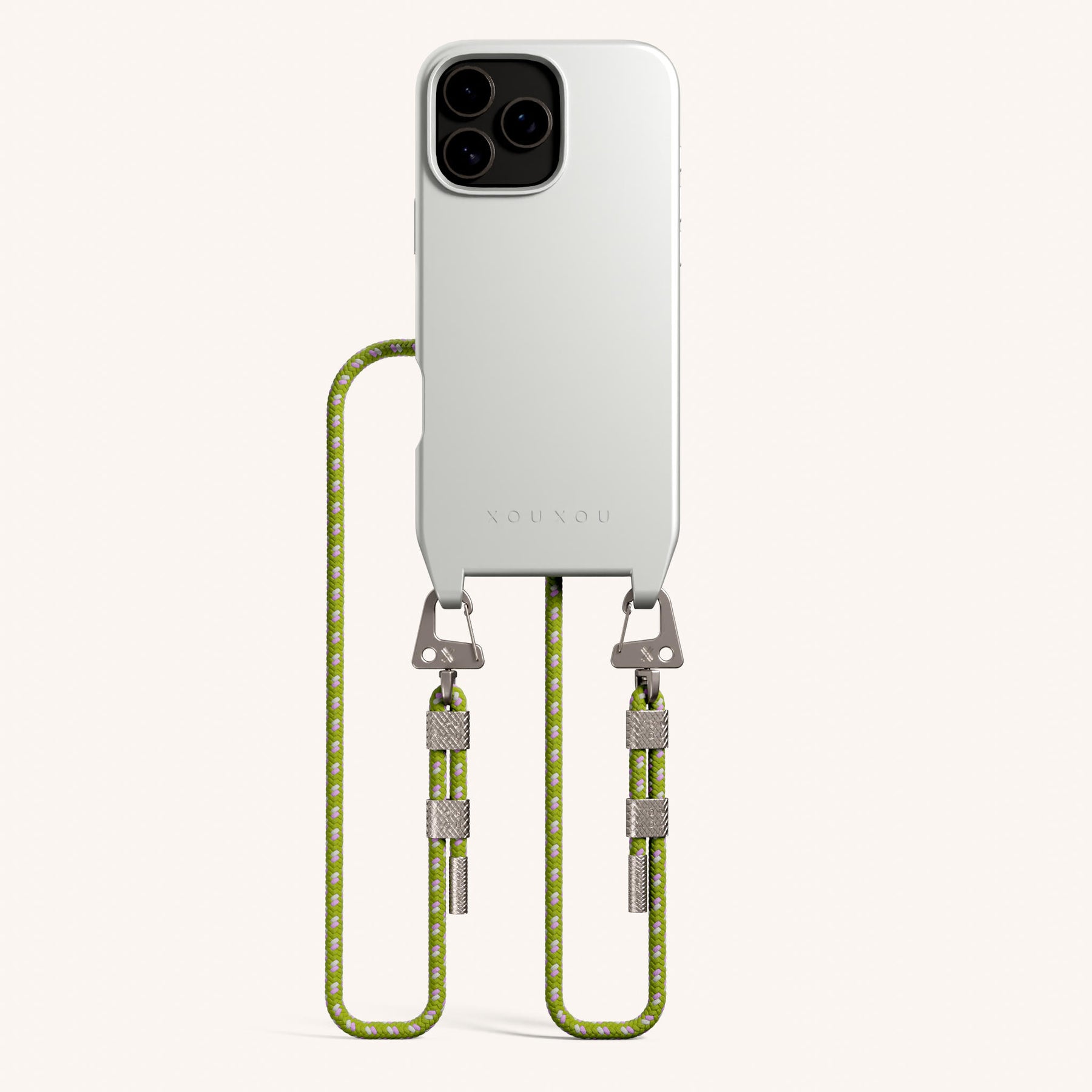 Phone Necklace with Carabiner Rope in Y2K Silver + Spotted Olive