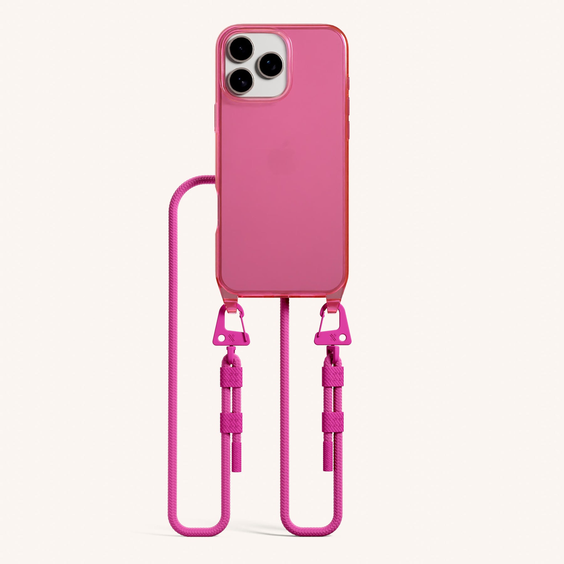 Phone Necklace with Carabiner Rope in Cyber Pink Clear + Power Pink