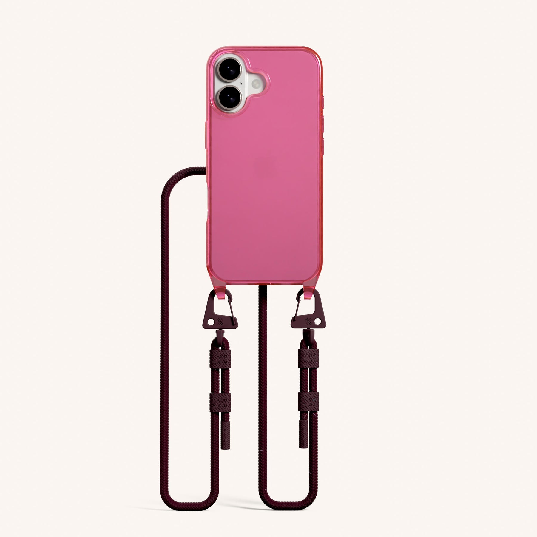 Phone Necklace with Carabiner Rope in Cyber Pink Clear + Burgundy