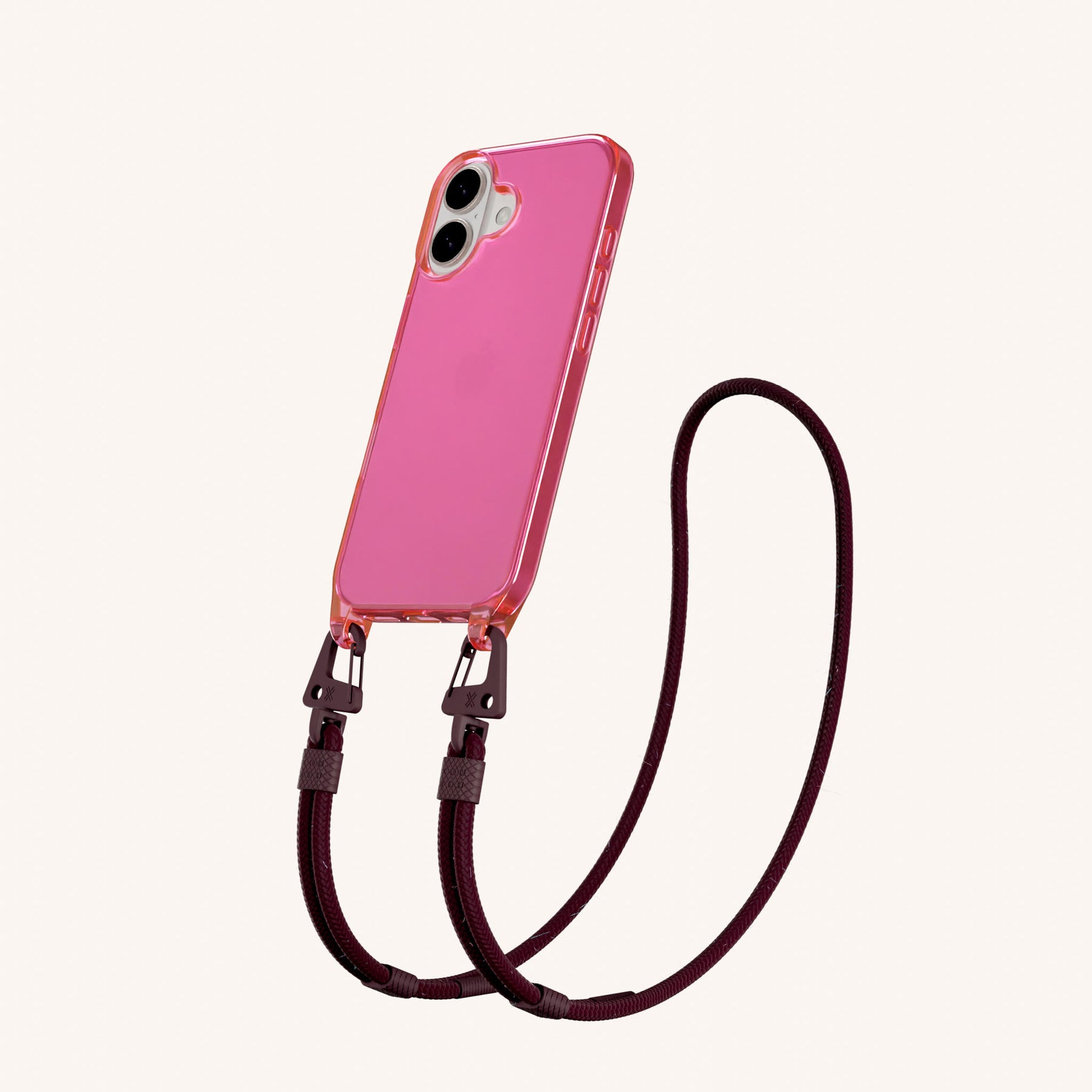 Phone Necklace with Carabiner Rope in Cyber Pink Clear + Burgundy