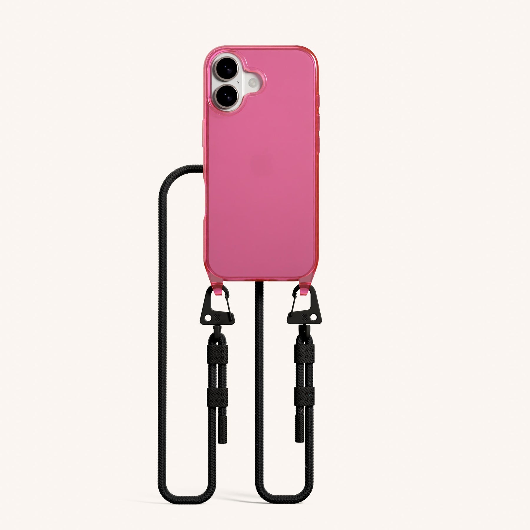 Phone Necklace with Carabiner Rope in Cyber Pink Clear + Black