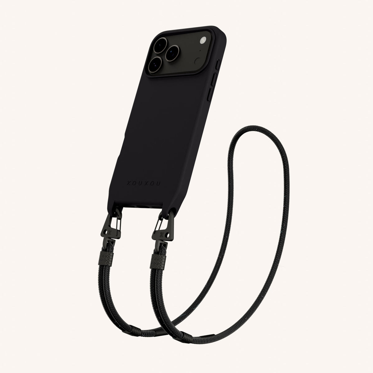 Phone Necklace with Carabiner Rope for iPhone 18 Pro Max with MagSafe in Black Perspective View | XOUXOU #phone model_iphone 18 pro max
