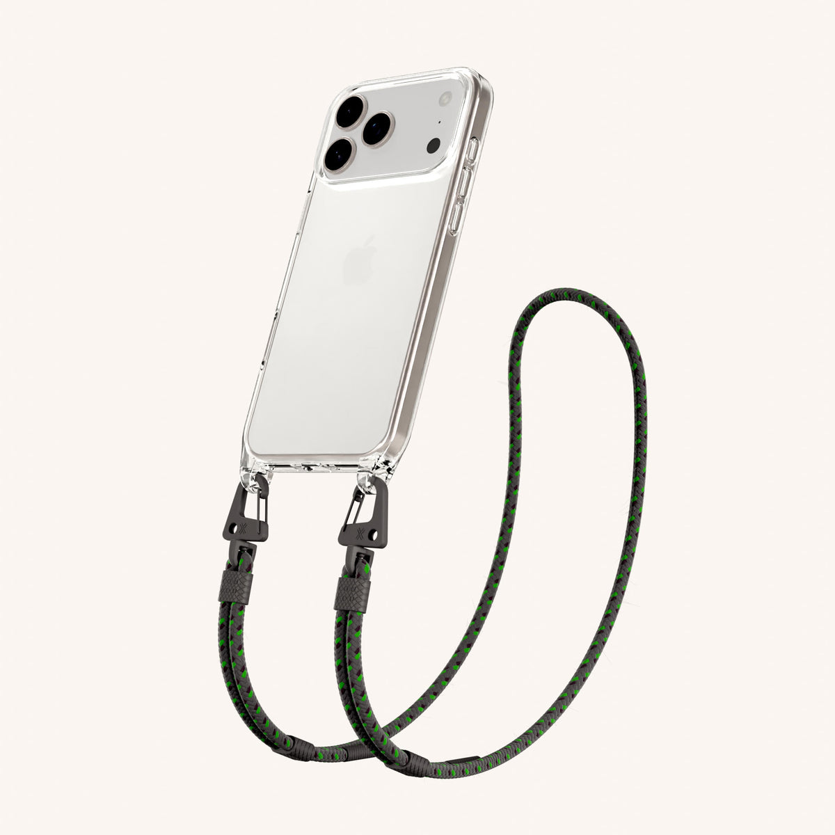 Phone Necklace with Carabiner Rope for iPhone 18 Pro Max without MagSafe in Clear + Ash Perspective View | XOUXOU #phone model_iphone 18 pro max