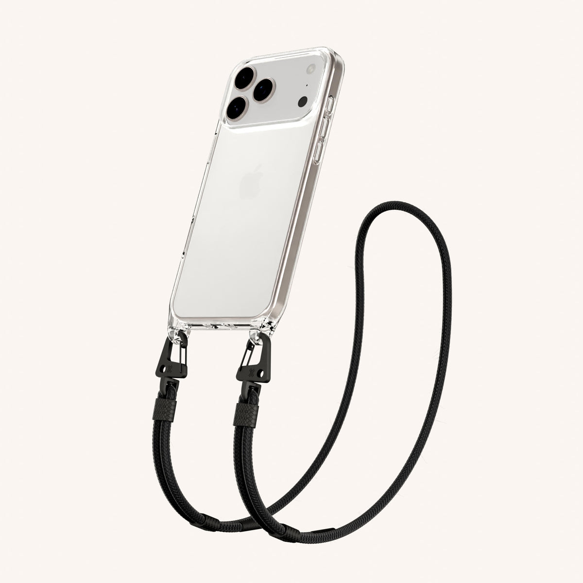 Phone Necklace with Carabiner Rope for iPhone 18 Pro Max without MagSafe in Clear + Black Perspective View | XOUXOU #phone model_iphone 18 pro max