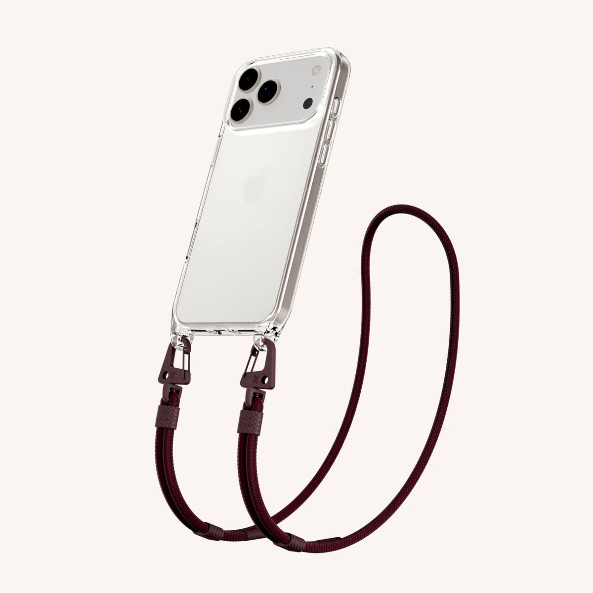 Phone Necklace with Carabiner Rope for iPhone 18 Pro Max without MagSafe in Clear + Burgundy Perspective View | XOUXOU #phone model_iphone 18 pro max