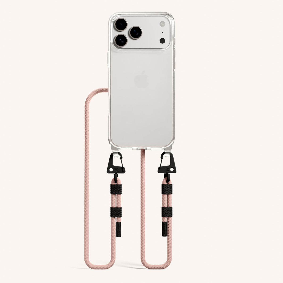 Phone Necklace with Carabiner Rope for iPhone 18 Pro Max without MagSafe in Clear + Powder Pink Total View | XOUXOU #phone model_iphone 18 pro max