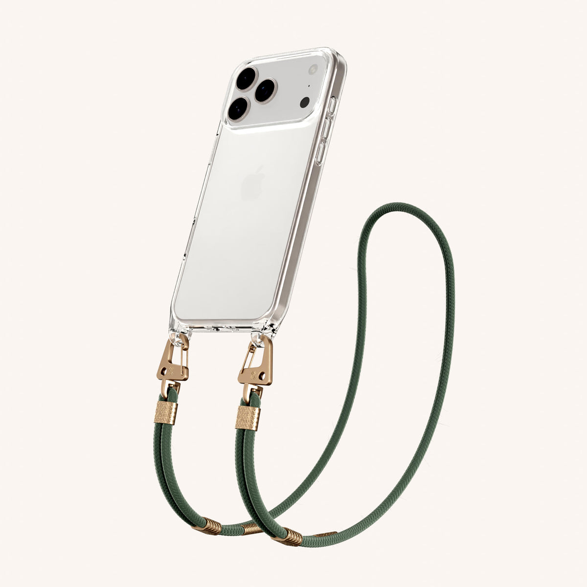 Phone Necklace with Carabiner Rope for iPhone 18 Pro Max without MagSafe in Clear + Sage Perspective View | XOUXOU #phone model_iphone 18 pro max