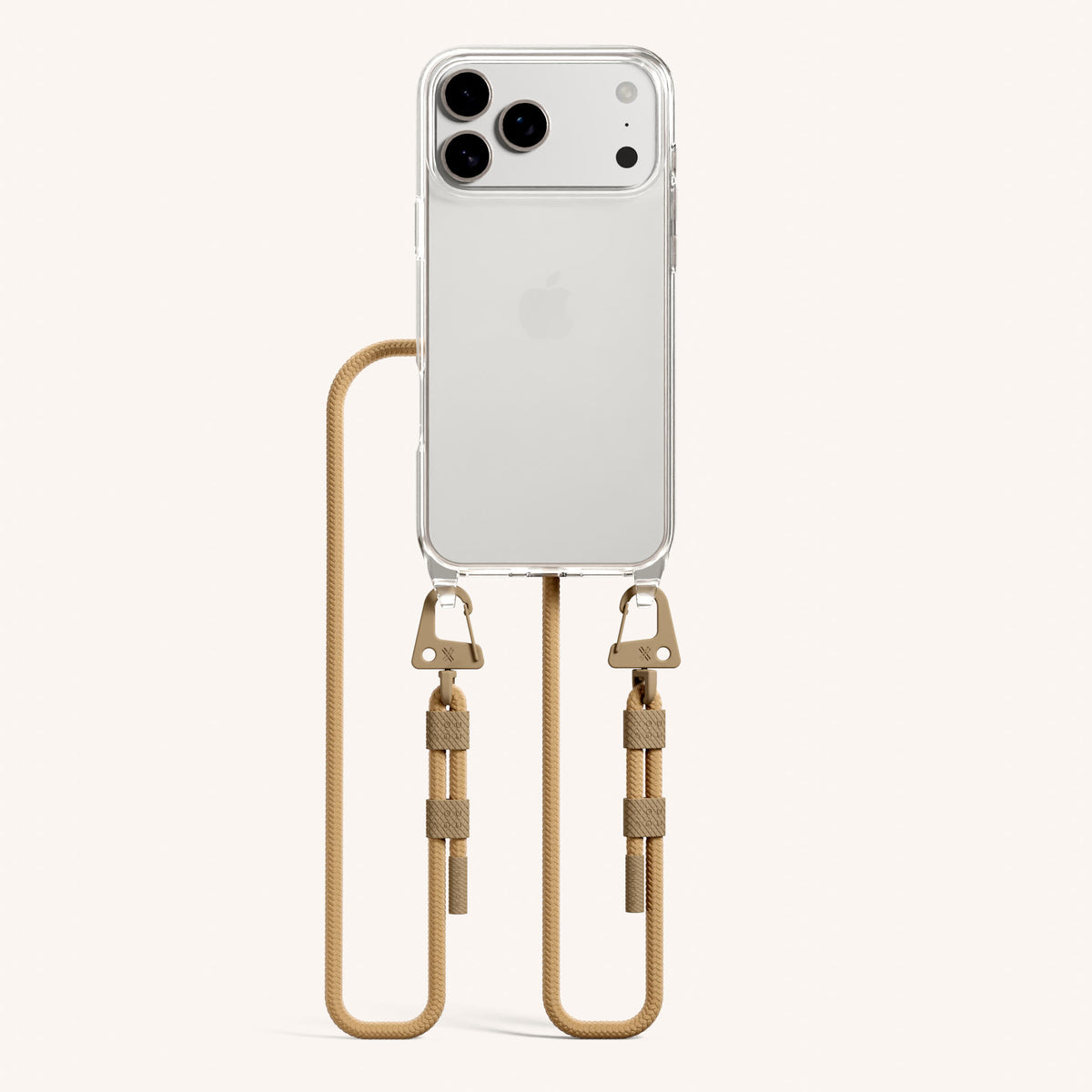 Phone Necklace with Carabiner Rope for iPhone 18 Pro Max without MagSafe in Clear + Sand Total View | XOUXOU #phone model_iphone 18 pro max