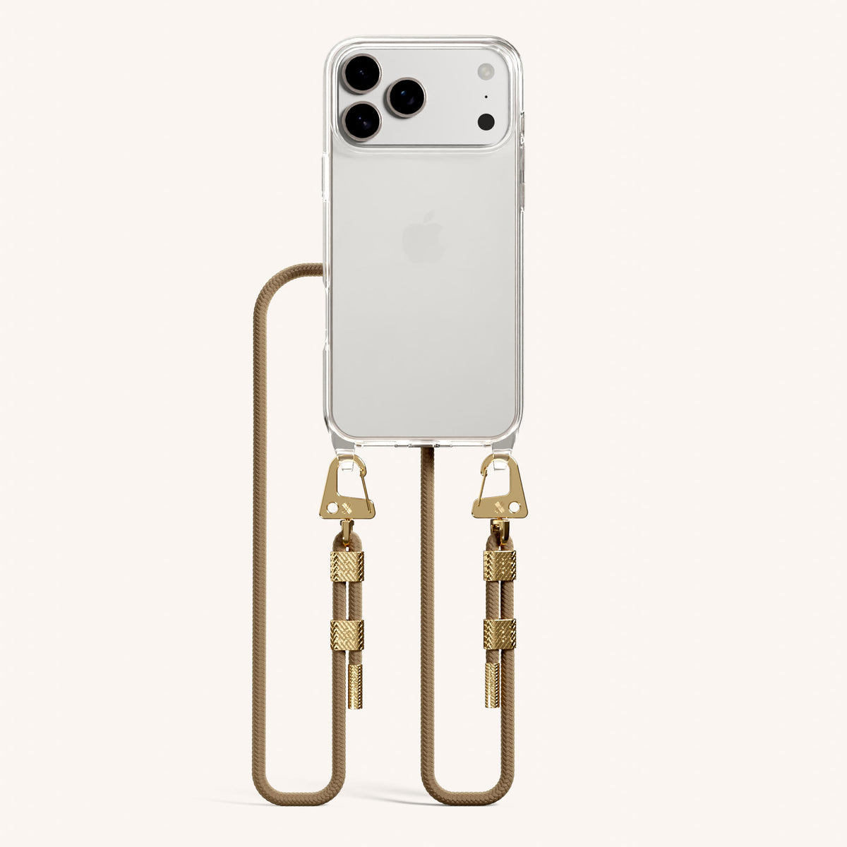 Phone Necklace with Carabiner Rope for iPhone 18 Pro Max without MagSafe in Clear + Taupe Total View | XOUXOU #phone model_iphone 18 pro max