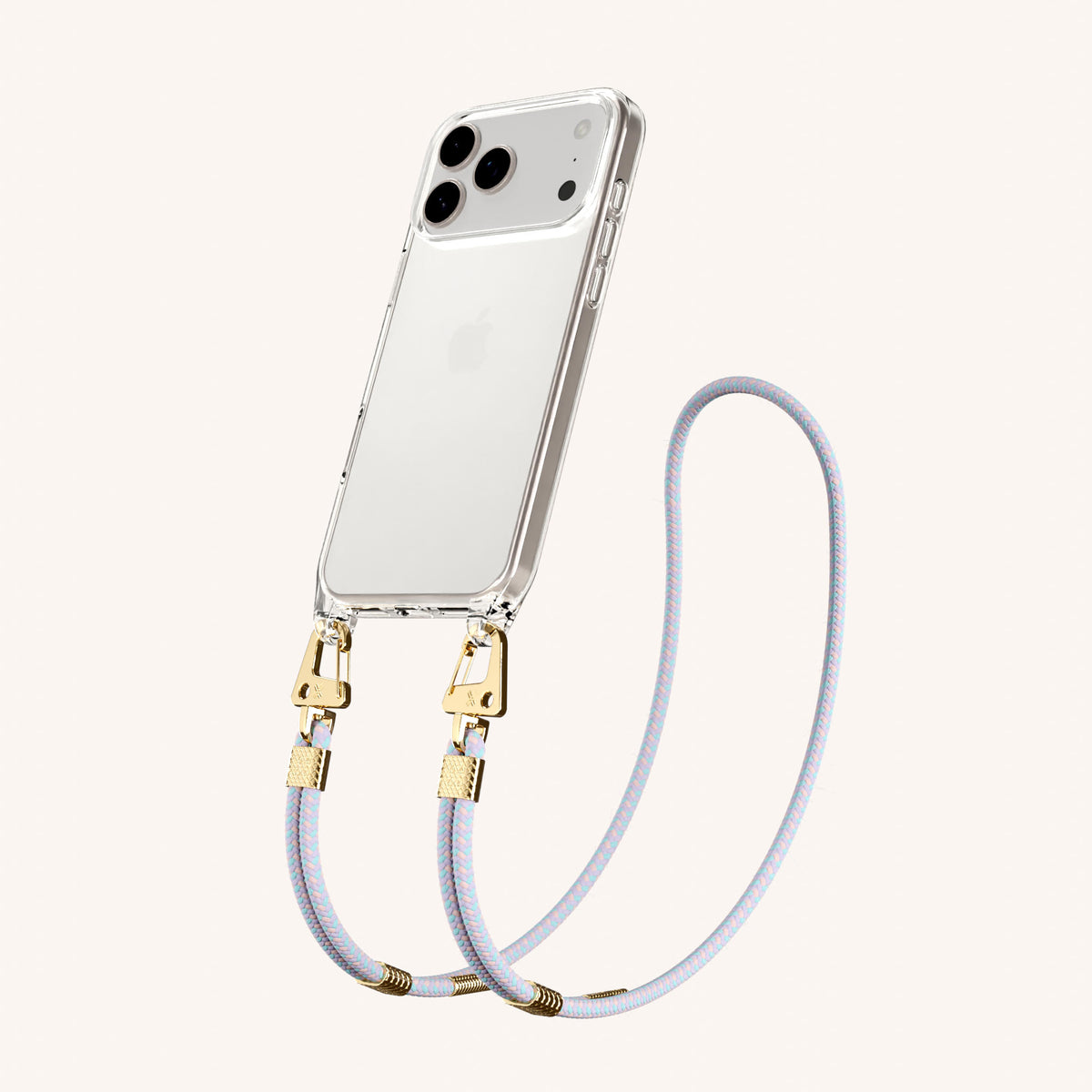 Phone Necklace with Carabiner Rope for iPhone 18 Pro Max without MagSafe in Clear + Vibrant Pastel Perspective View | XOUXOU #phone model_iphone 18 pro max
