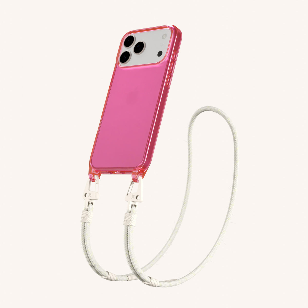 Phone Necklace with Carabiner Rope for iPhone 18 Pro Max without MagSafe in Cyber Pink Clear + Chalk Perspective View | XOUXOU #phone model_iphone 18 pro max